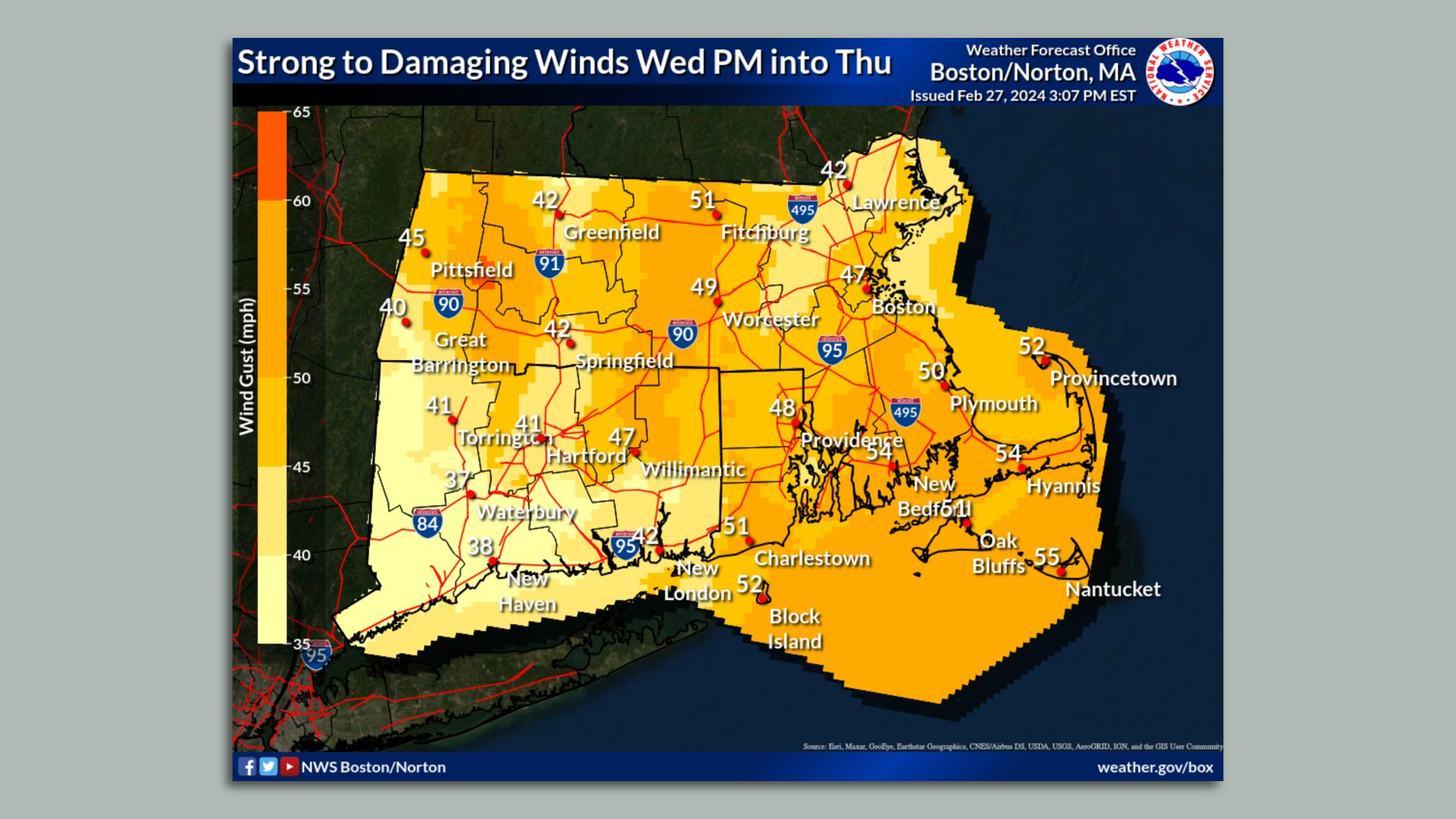 A National Weather Service map showing "damaging" wind gusts expected in Massachusetts Wednesday night into Thursday