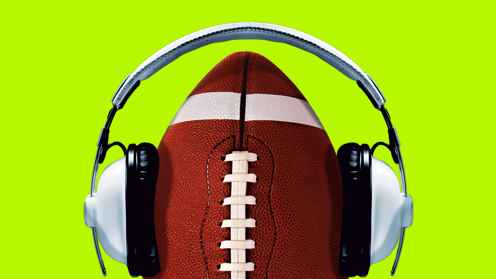 Illustration of a football, soccer ball, basketball, baseball, and volleyball cycling through wearing a pair of headphones