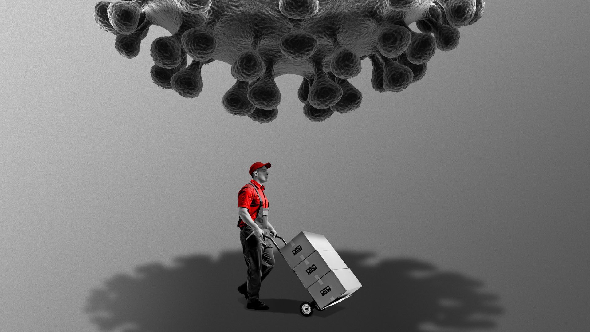 Illustration of a man delivering packages with a giant virus floating ominously above him