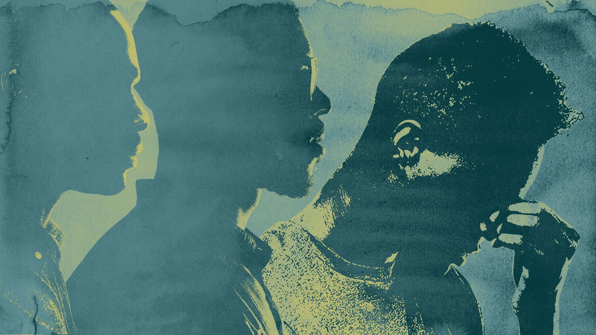 Illustration of three young Black men in profile, the third with his head lowered into his hand.