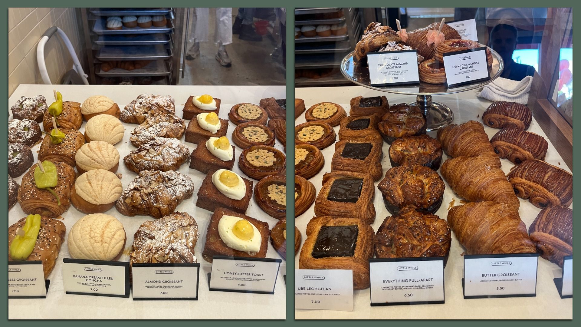 Two-pane bakery display filled with assorted pastries: croissants, buns, tarts, and cream-filled treats arranged in neat rows; signs note flavors like almond croissant and butter croissant.