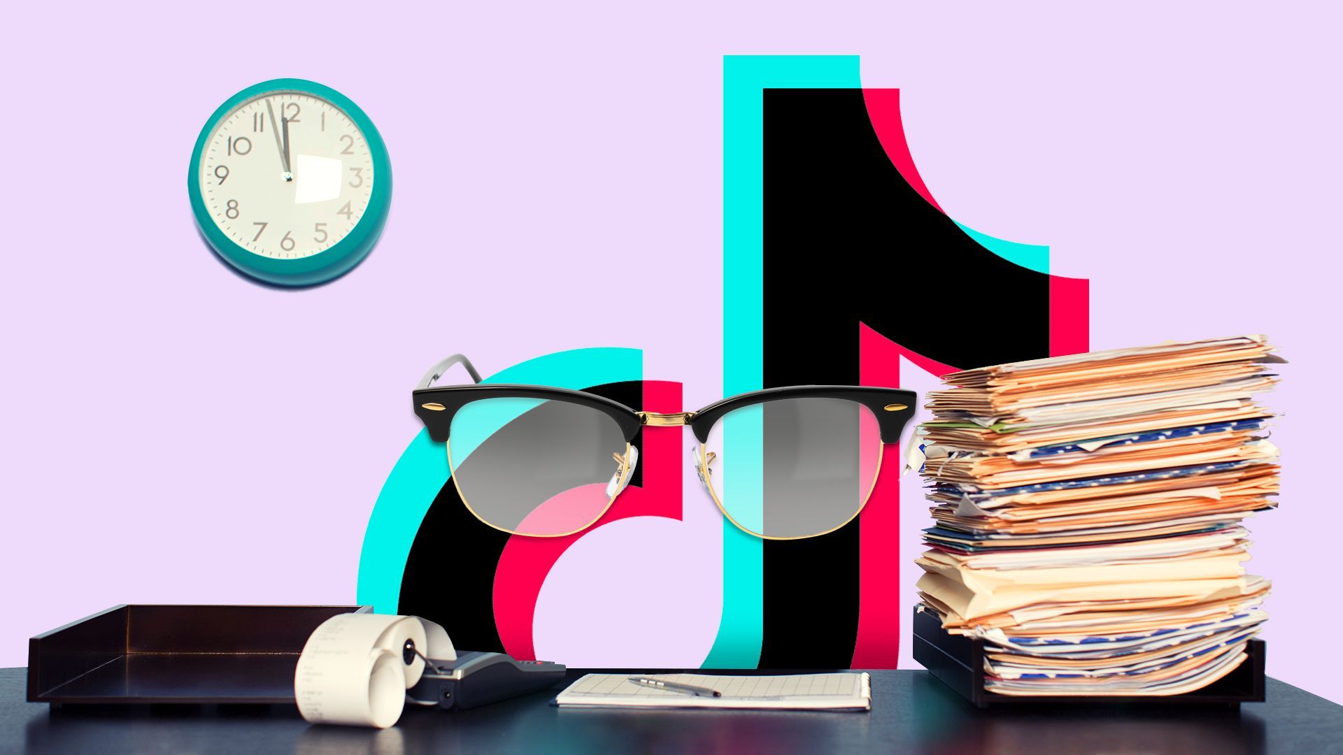 Illustration of the TikTok logo wearing glasses sitting behind a desk with a stack of papers and a calculator