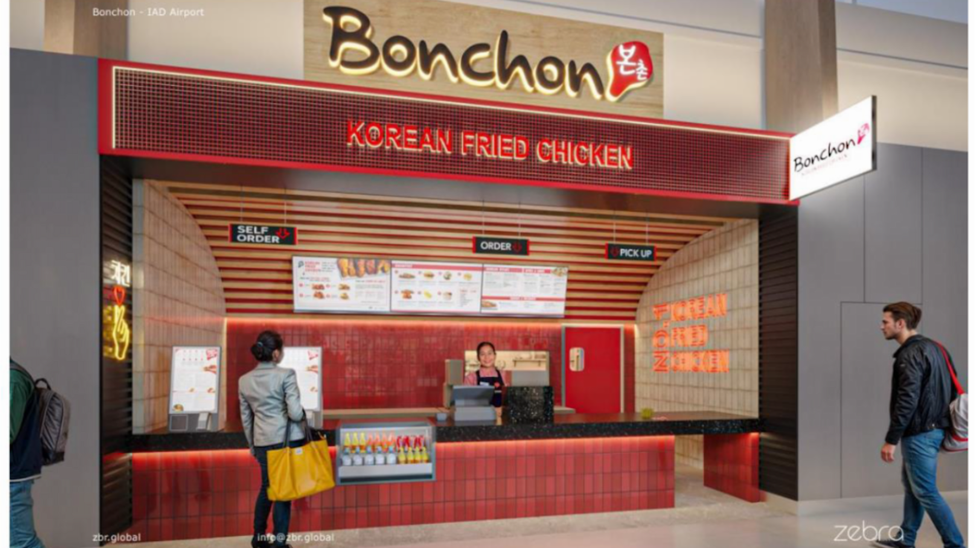 A rendering of Bonchon Korean Fried Chicken kiosk inside Dulles with two people approaching a red counter