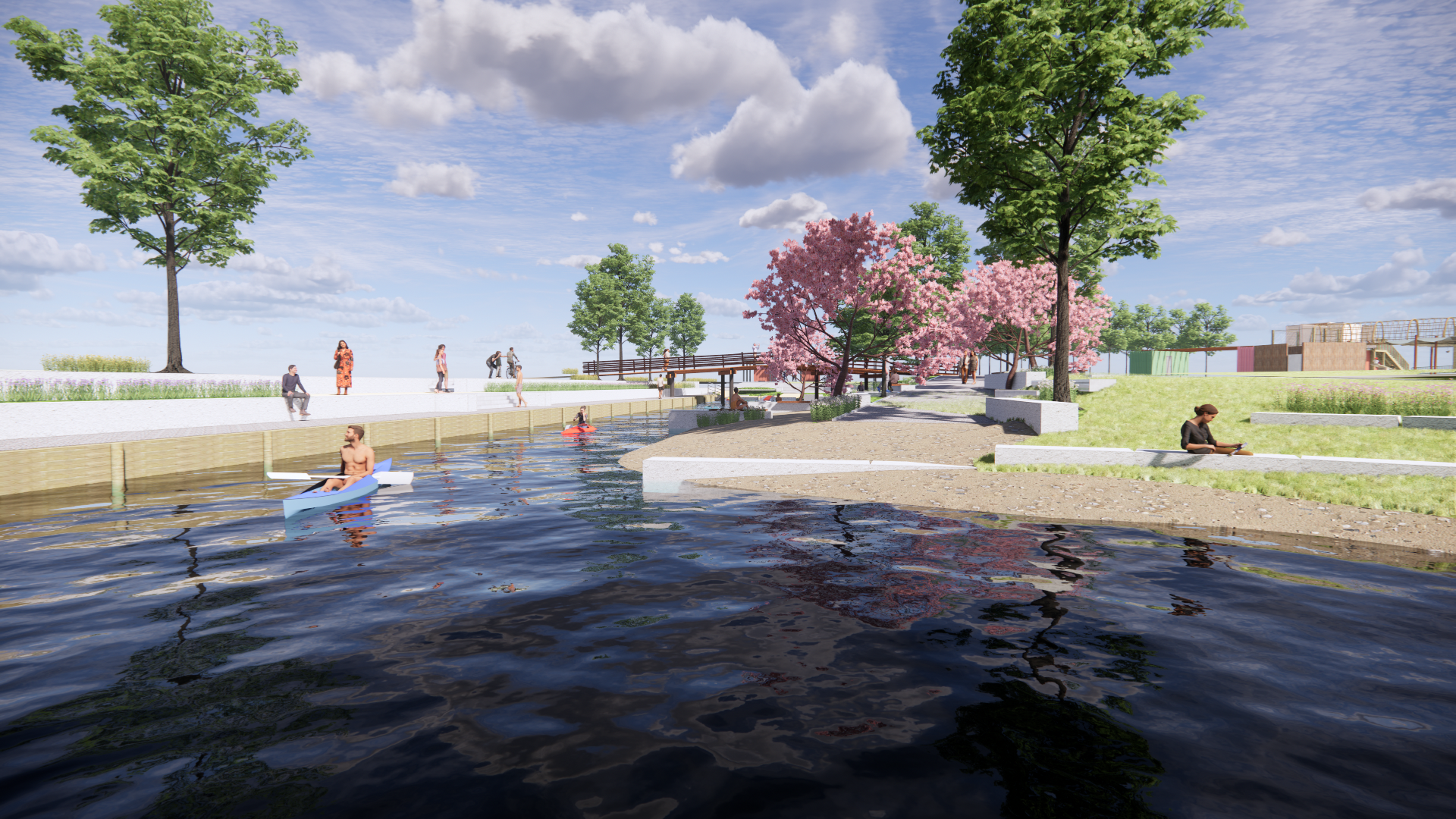 Rendering shows kayakers in a waterway 
