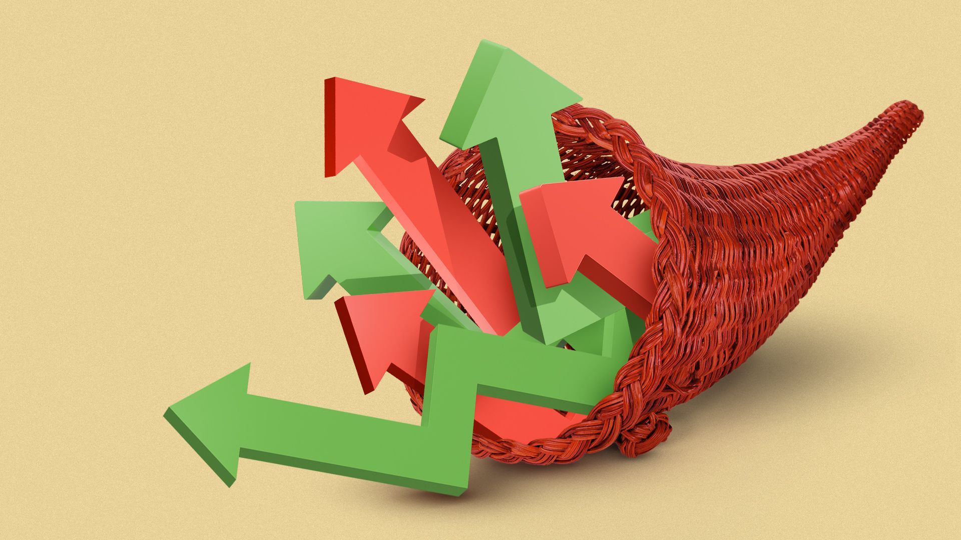 Illustration of a cornucopia full of trend arrows. 