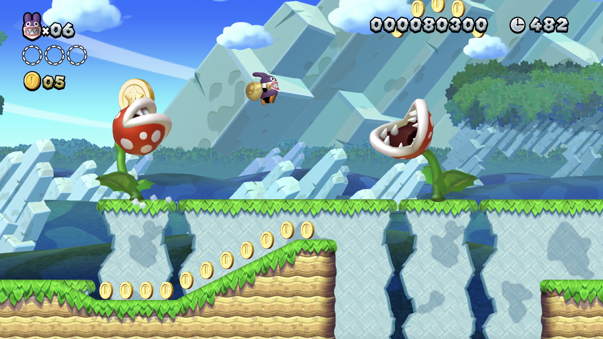 Screenshot of a Super Mario bros. game, showing a character avoiding getting bitten by carnivorous plants