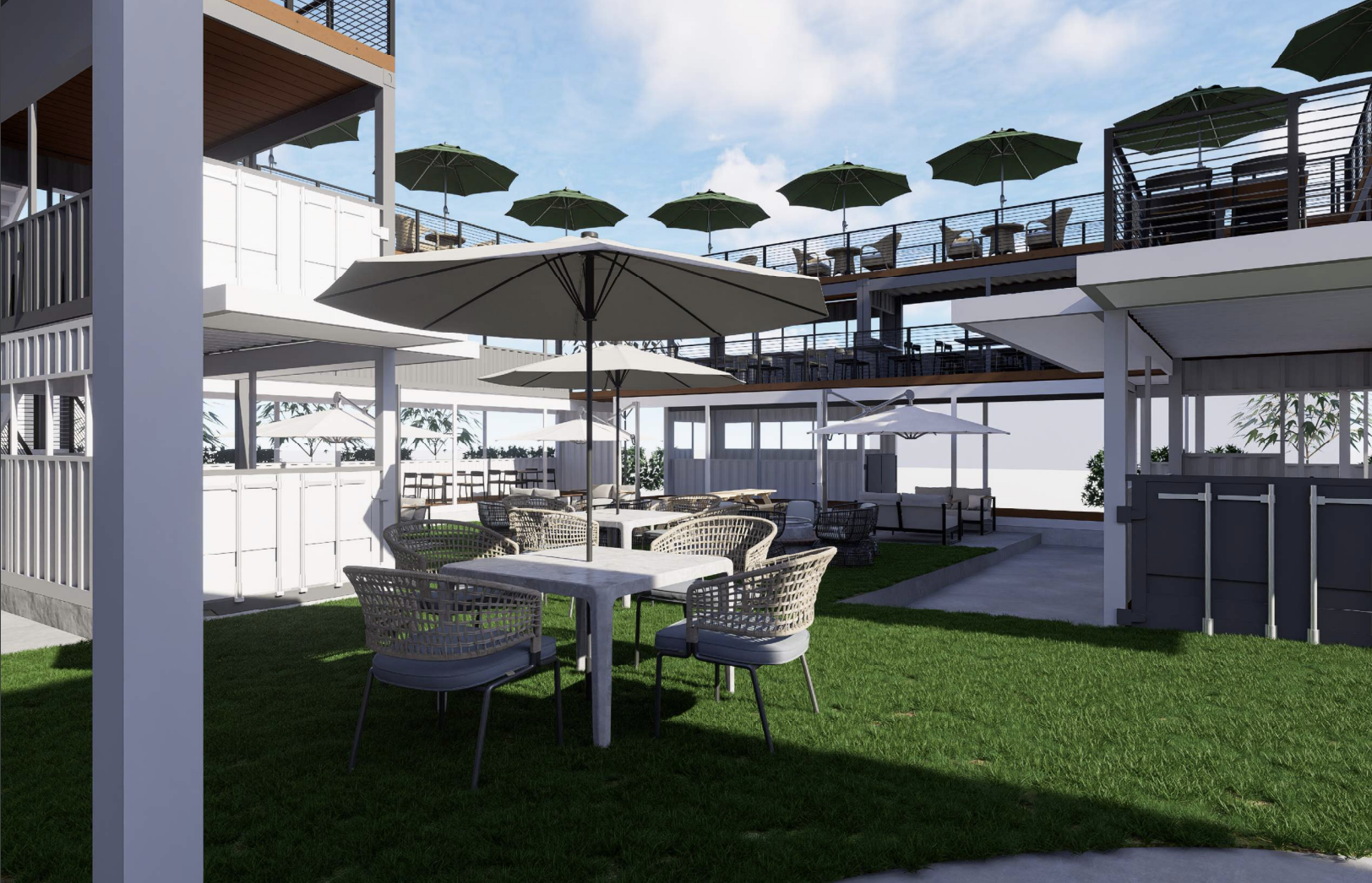 A rendering of a bar made out of shipping containers