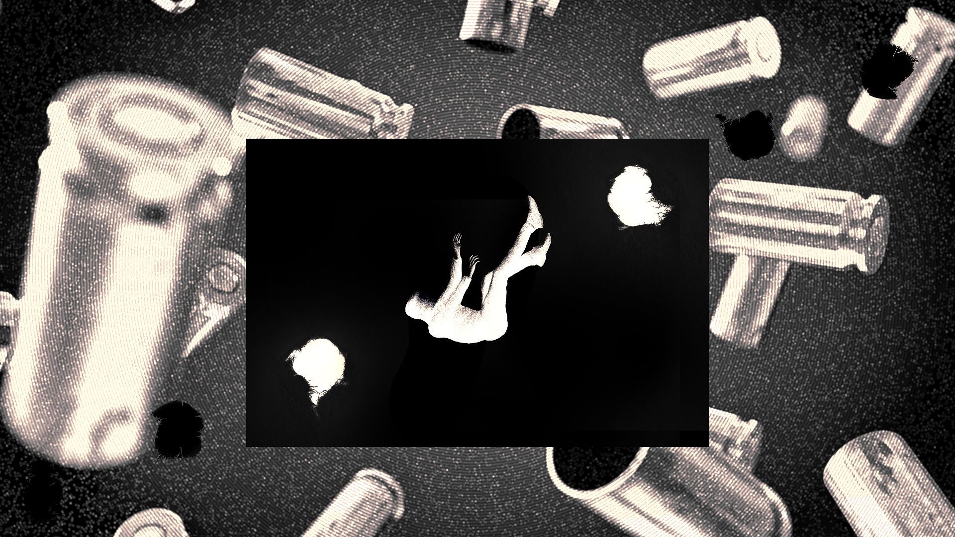 Illustrated collage of a person in the center of crossfire puncturing the image, falling against a background of large falling bullets.