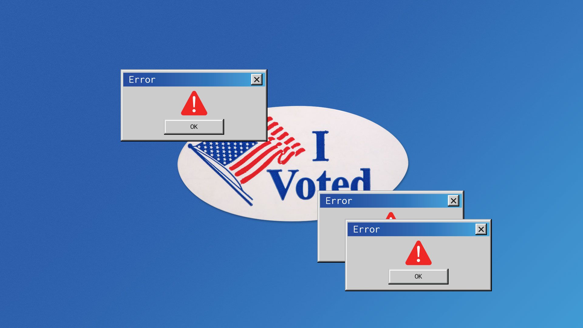 Illustration of “I voted” sticker with error pop-ups.