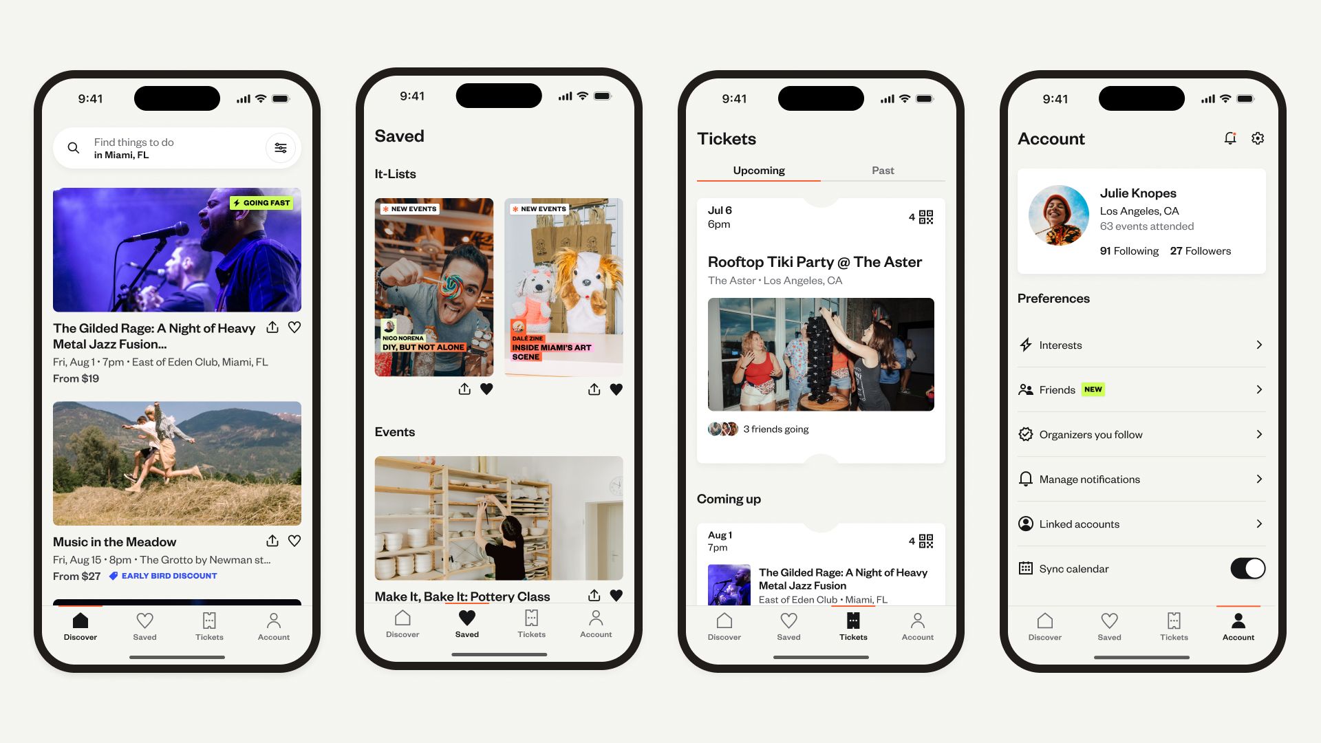 Four mobile phones with screens showing thumbnails and text.