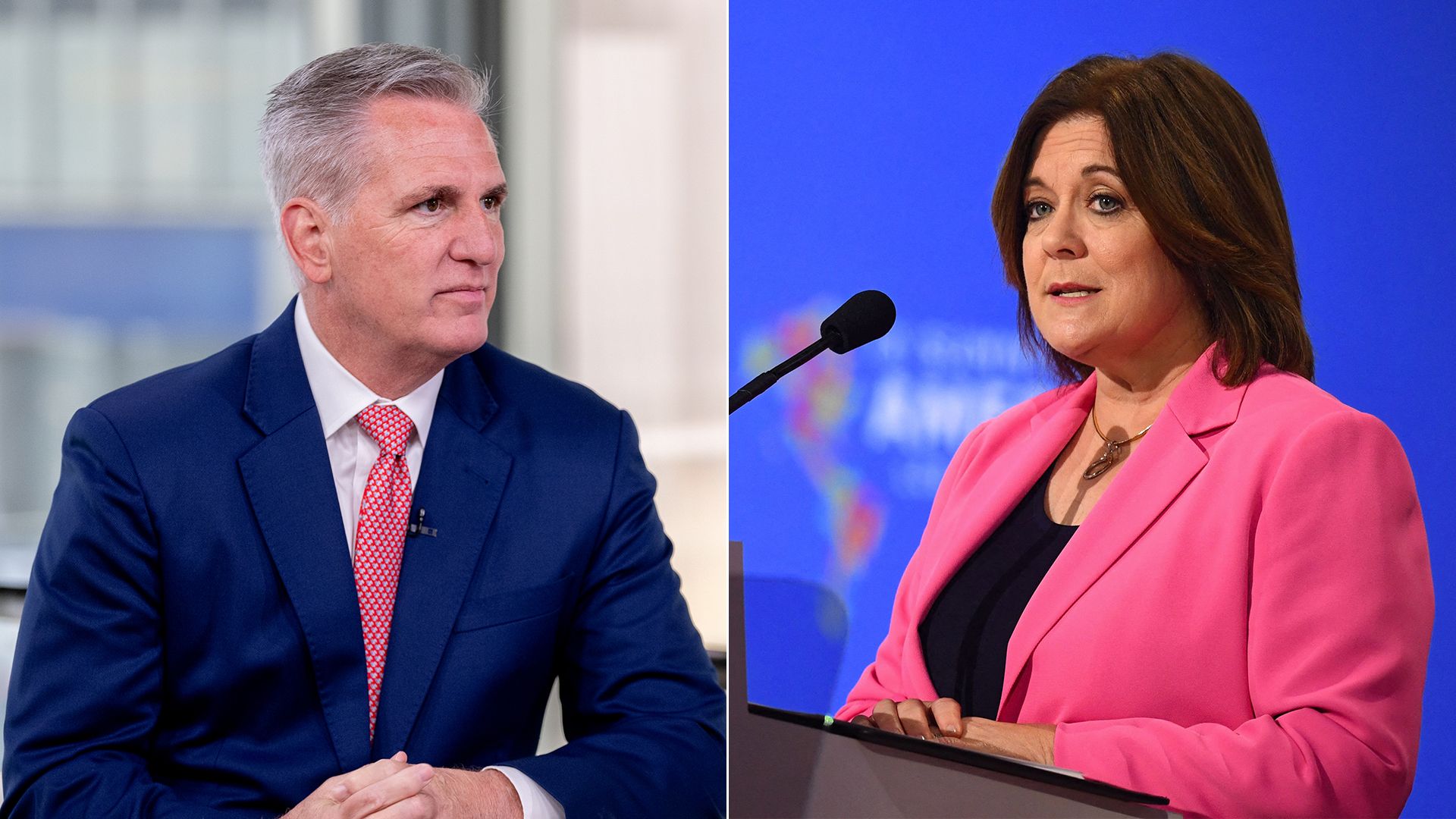 Kevin McCarthy is seated in blue seat on the left; Suzanne Clark is seated in a bright pinkish suit on the right.