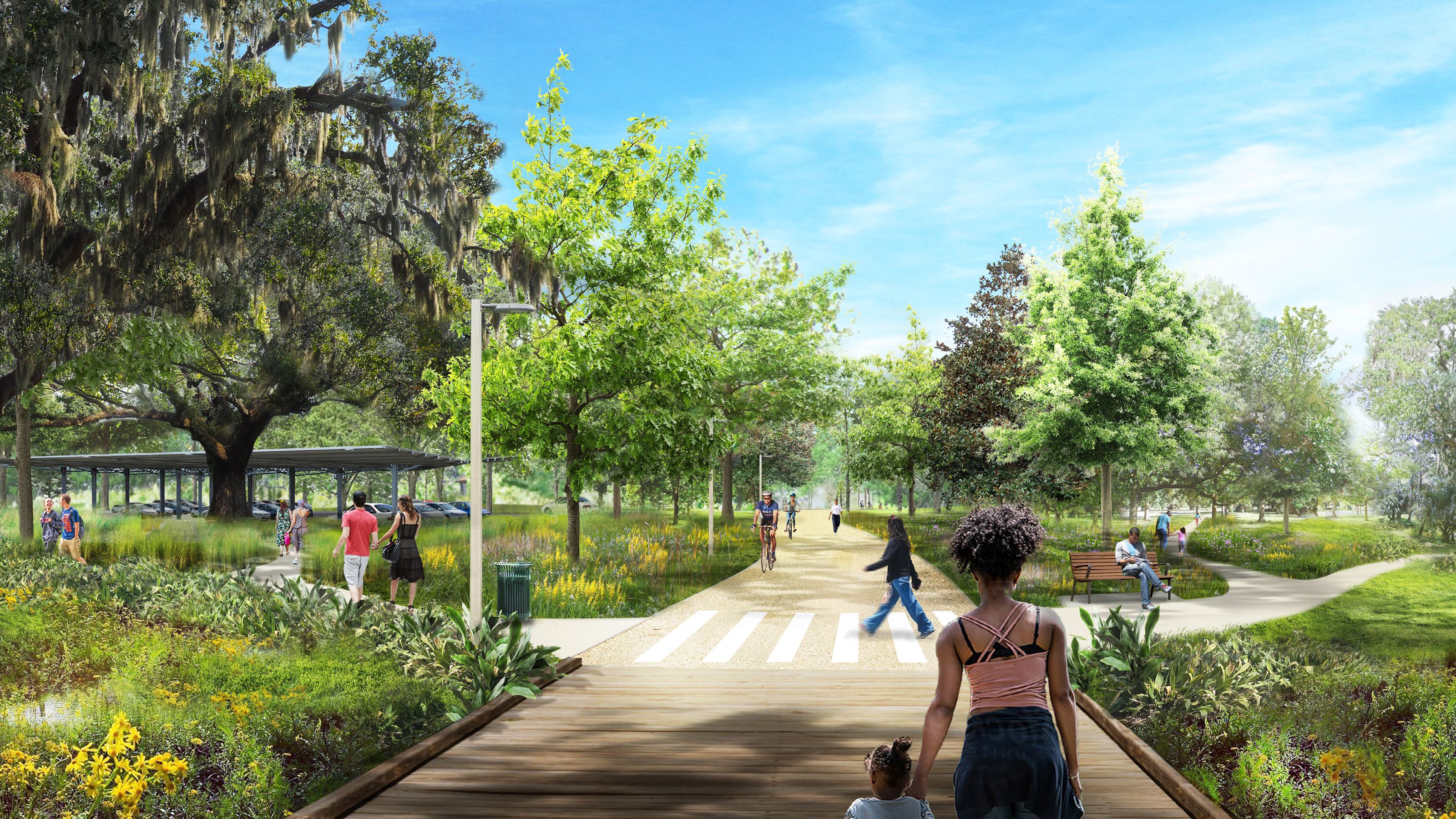 A vibrant park scene with people walking and biking along a wide path. Lush greenery and colorful flowers surround the area. Large trees, including one with hanging moss, provide shade. Several individuals are seated on benches, while others stroll or cycle. 