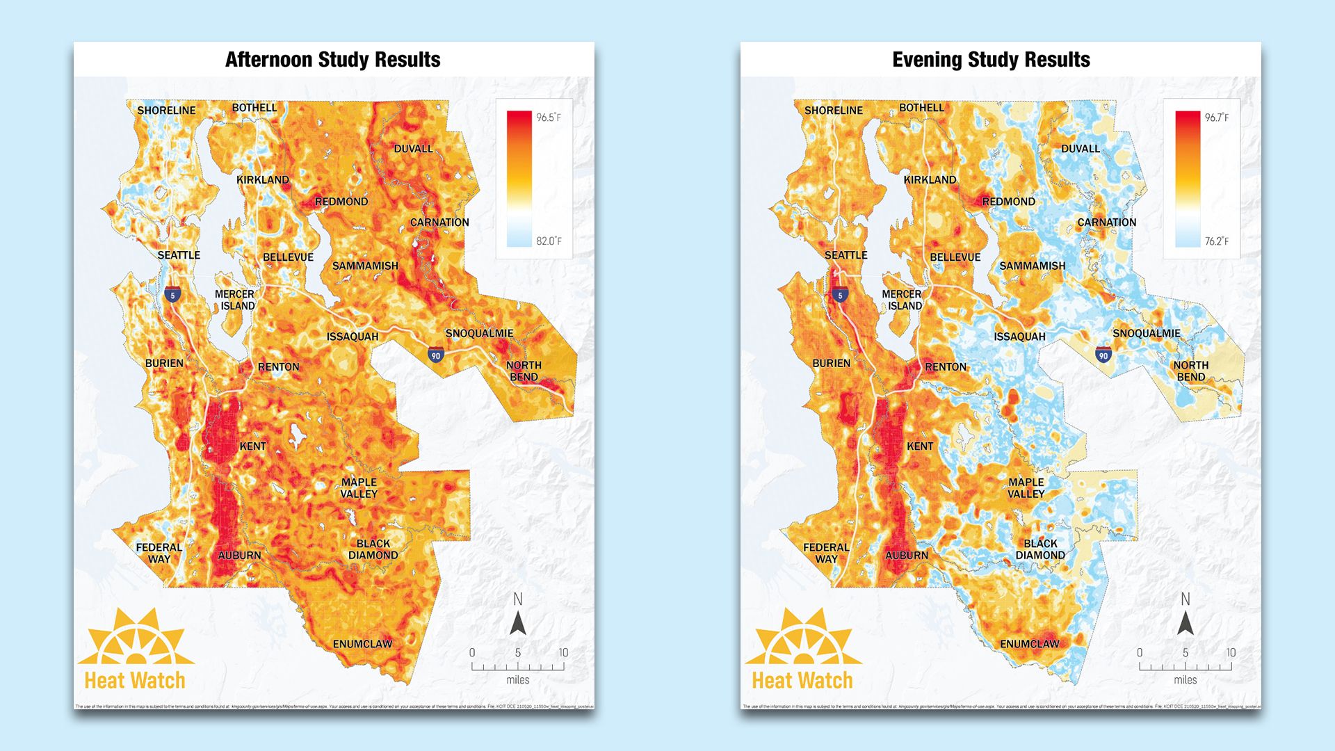 Two side by side maps, with the right one showing that areas on the east side of King County cool off at night more than denser-populated areas in Seattle and South King County.