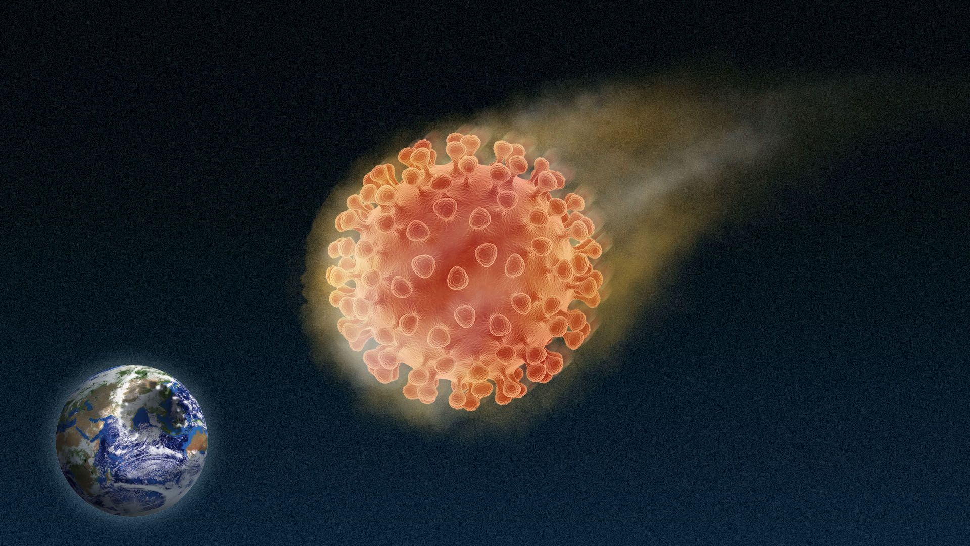 Illustration of an asteroid in the shape of a virus hurtling towards Earth.