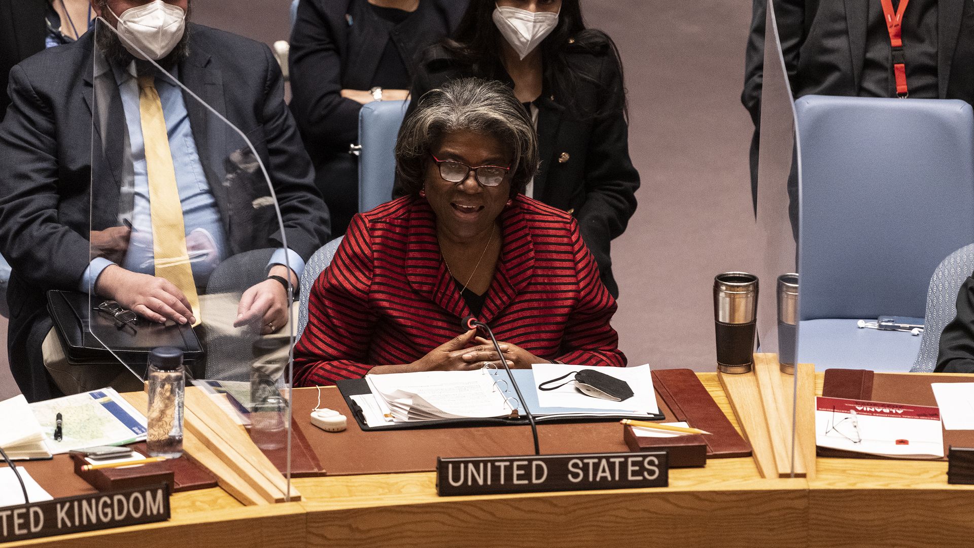 US Ambassador Linda Thomas-Greenfield speaks at Security Council meeting at UN Headquarters.