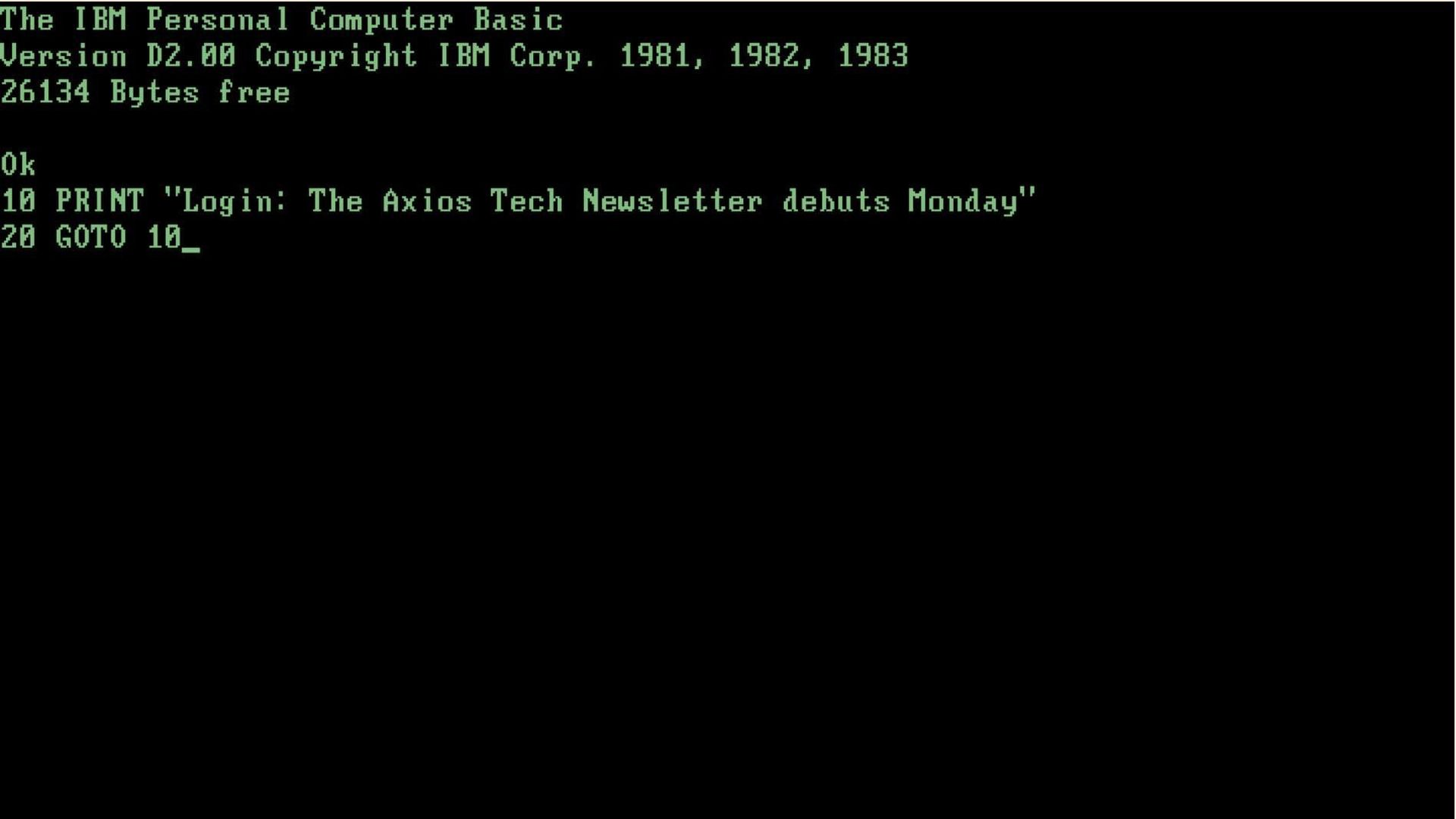 A basic program on an IBM PC emulator touting the arrival of Axios Login