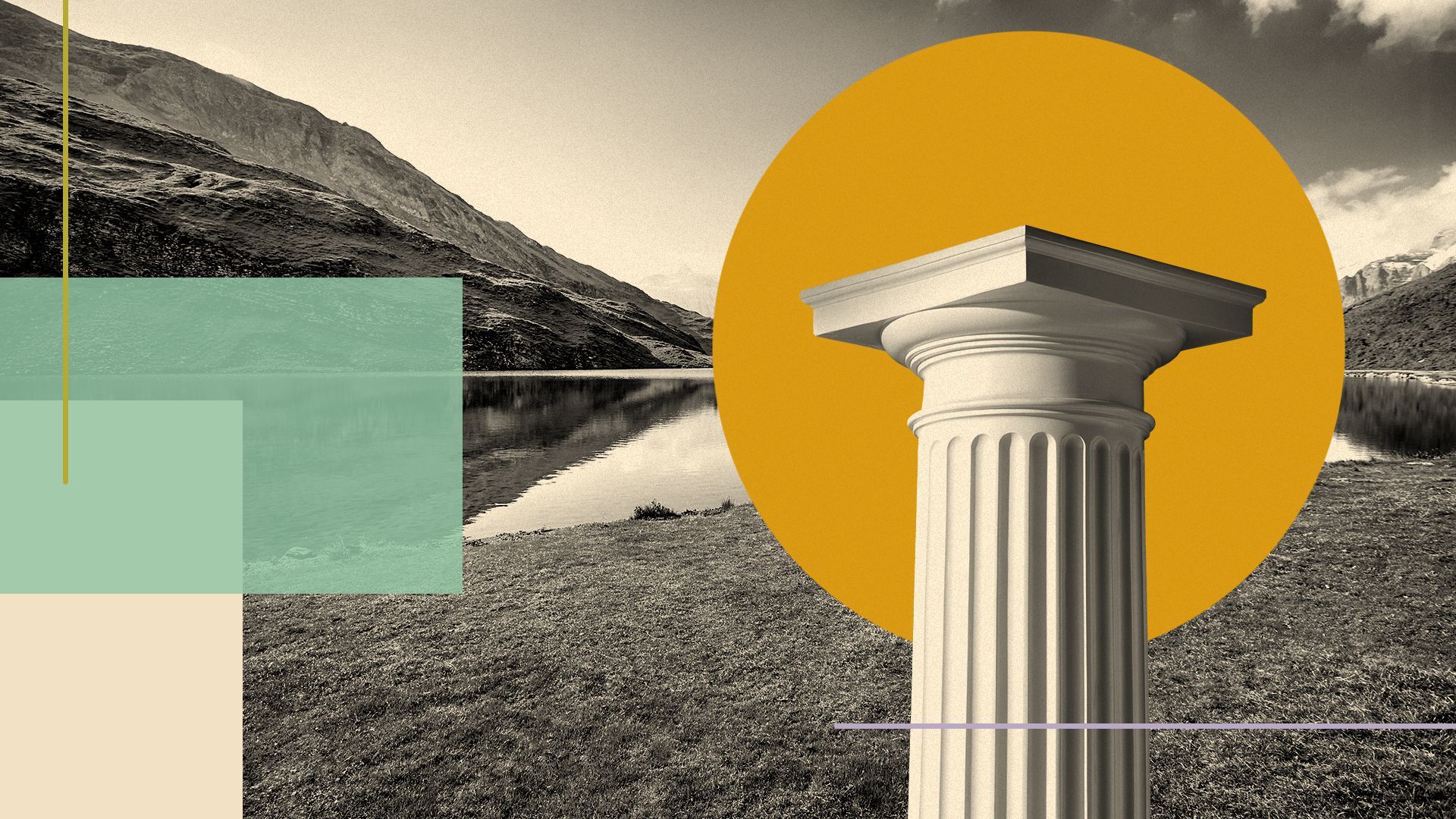 Illustration of a column highlighted by a yellow circle, all over a background of scenic nature vista.