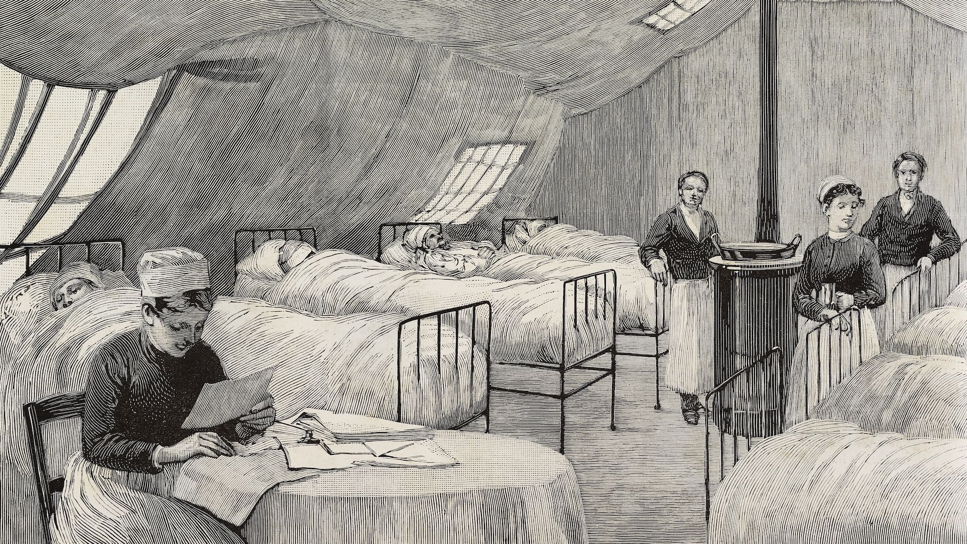 Tent being used as a hospital, influenza epidemic, France, illustration from L'Illustration, No 2445, January 4, 1890.