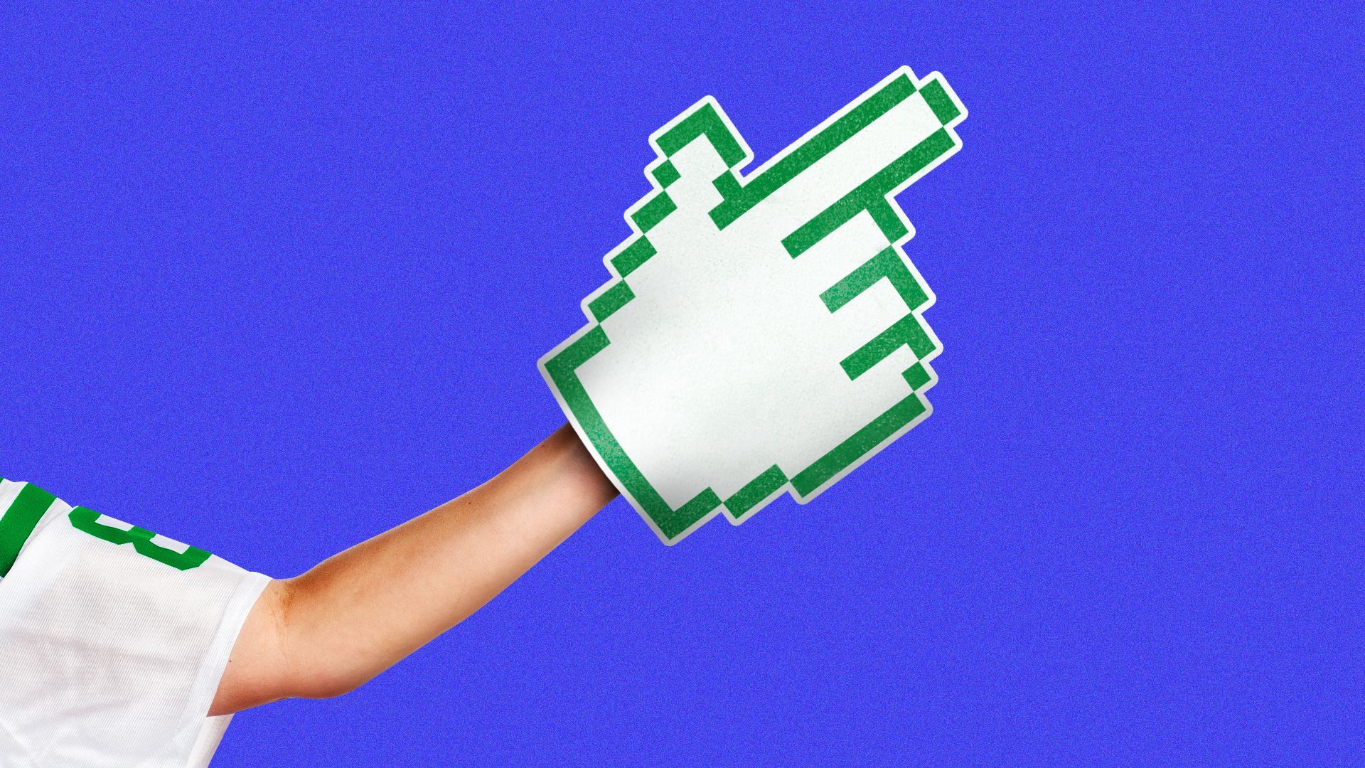 illustration of a sports fan waving a foam finger that is shaped like a computer cursor