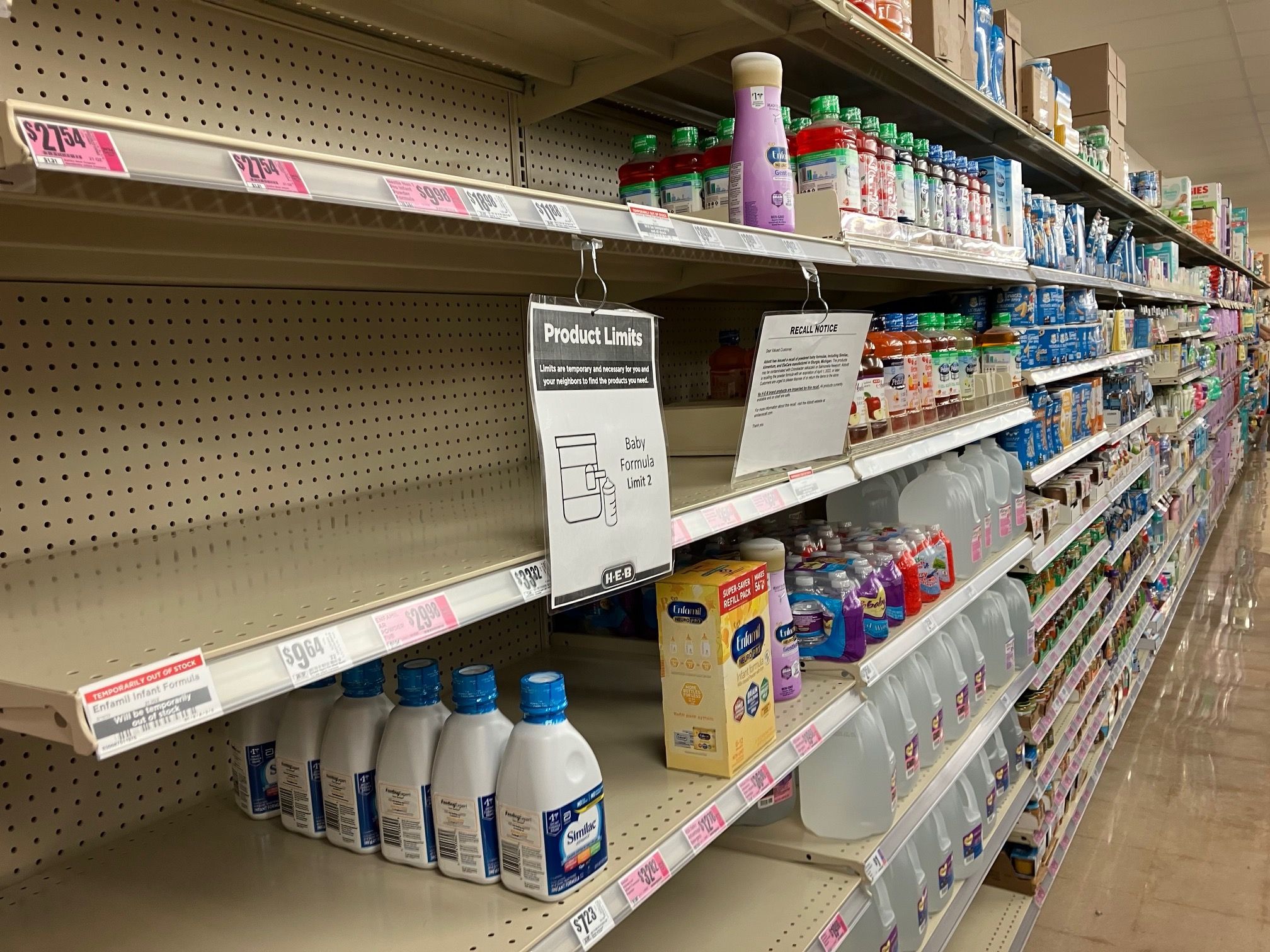 Empty shelves in the baby formula section at H-E-B.