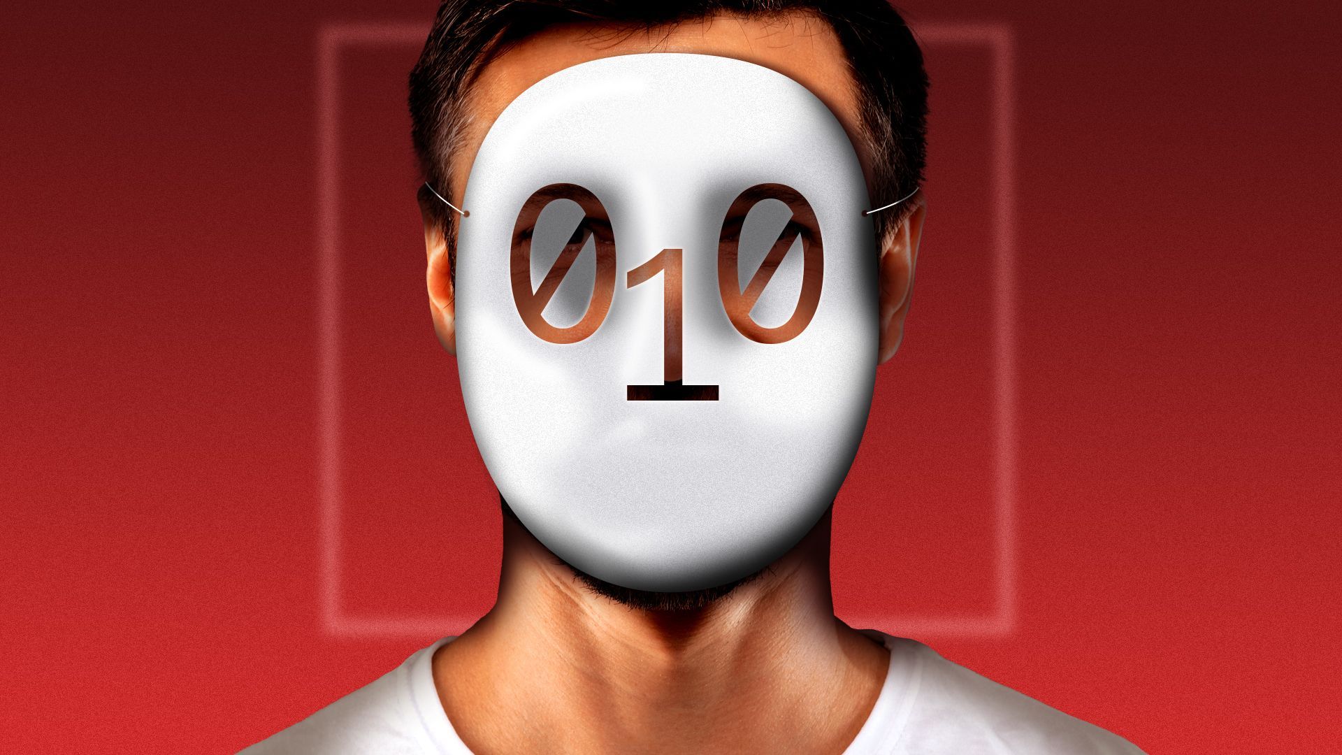Illustration of a man wearing a white mask with binary code holes in it