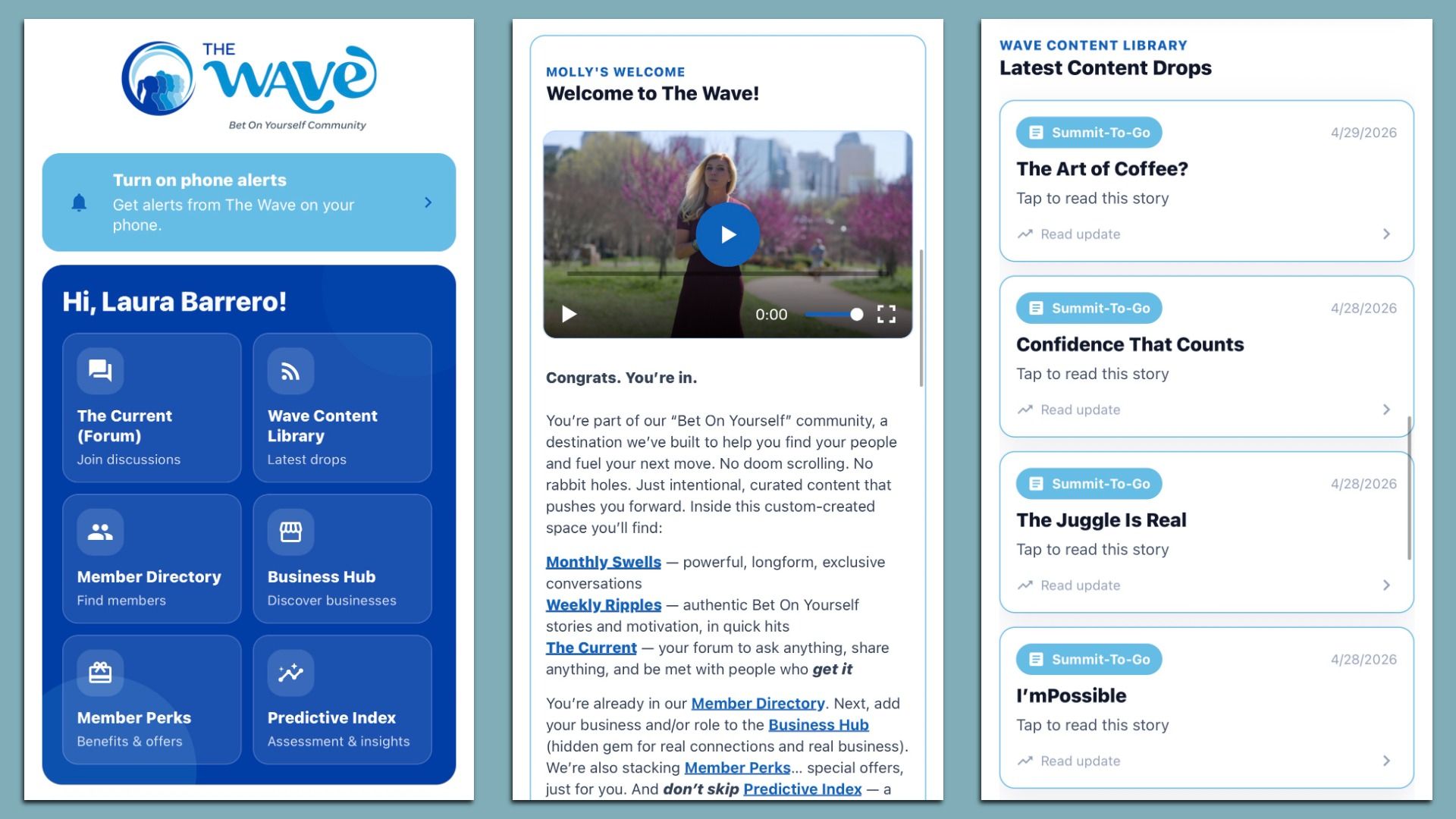 Three-panel UI of The Wave: left blue dashboard with greeting and tiles; center "Welcome to The Wave!" video; right "Latest Content Drops" list of stories with dates.