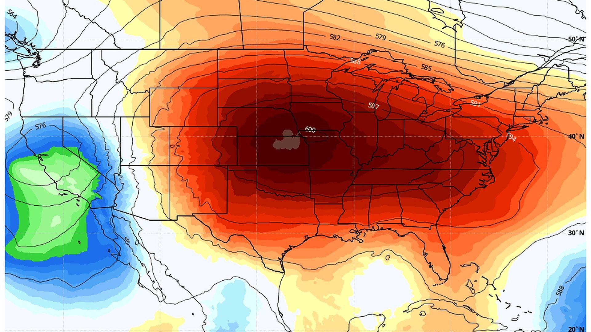 Map of air pressure anomalies on Monday, August 21 shows a historically intense heat dome anchored across much of the Lower 48 states. 