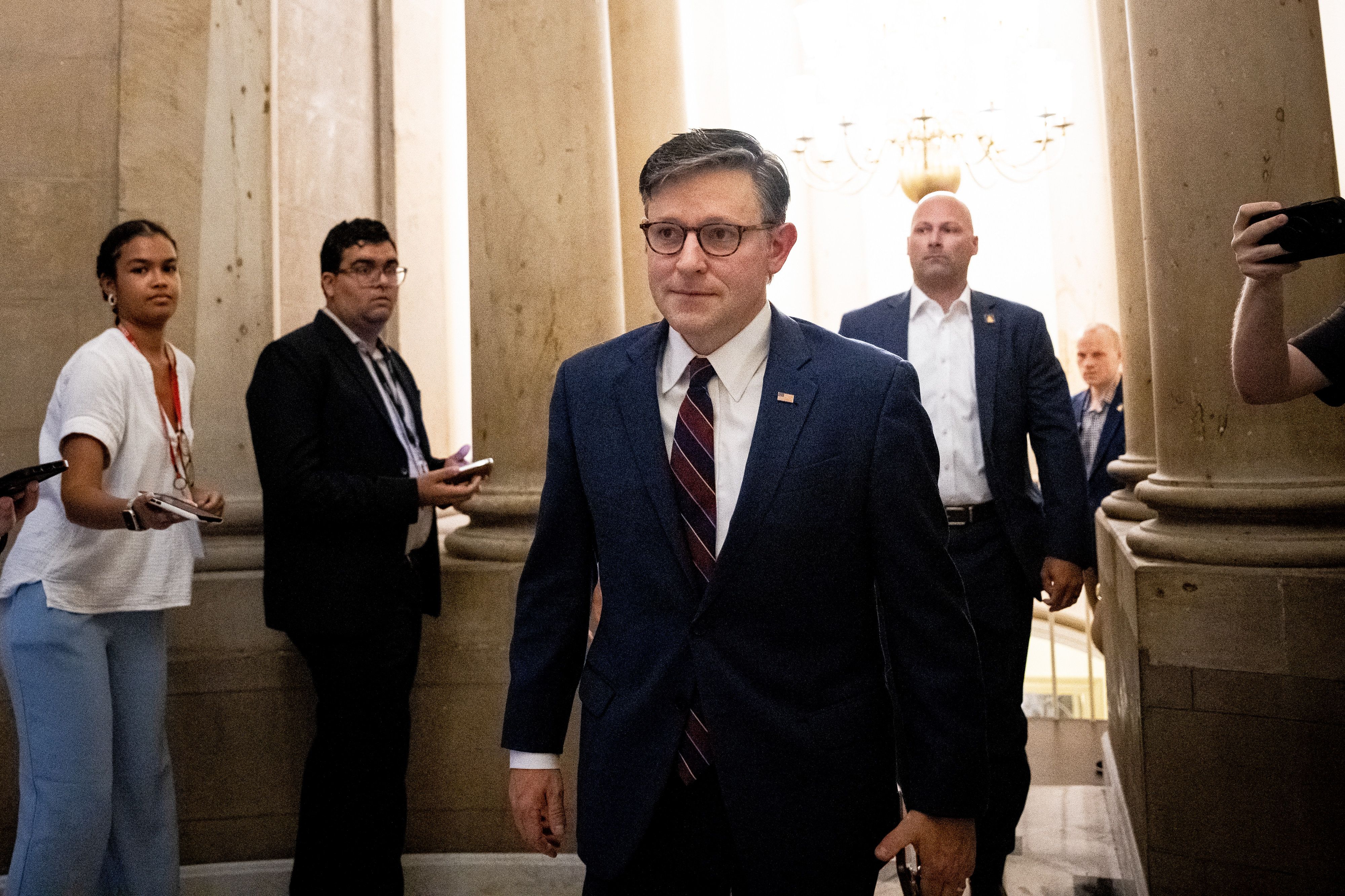 US House Speaker Mike Johnson, a Republican from Louisiana, arrives at the US Capitol in Washington, DC, US, on Tuesday, July 1, 2025. Donald Trump's $3.3 trillion tax and spending cut bill passed the Senate Tuesday after a furious push by Republican leaders to persuade holdouts to back the legislat
