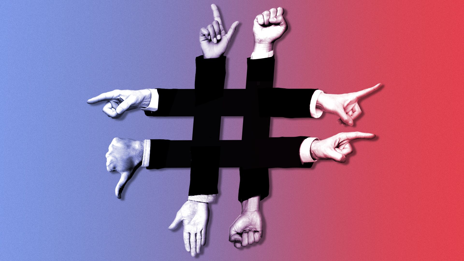 Illustration of six sets of hands in various positions forming a hashtag