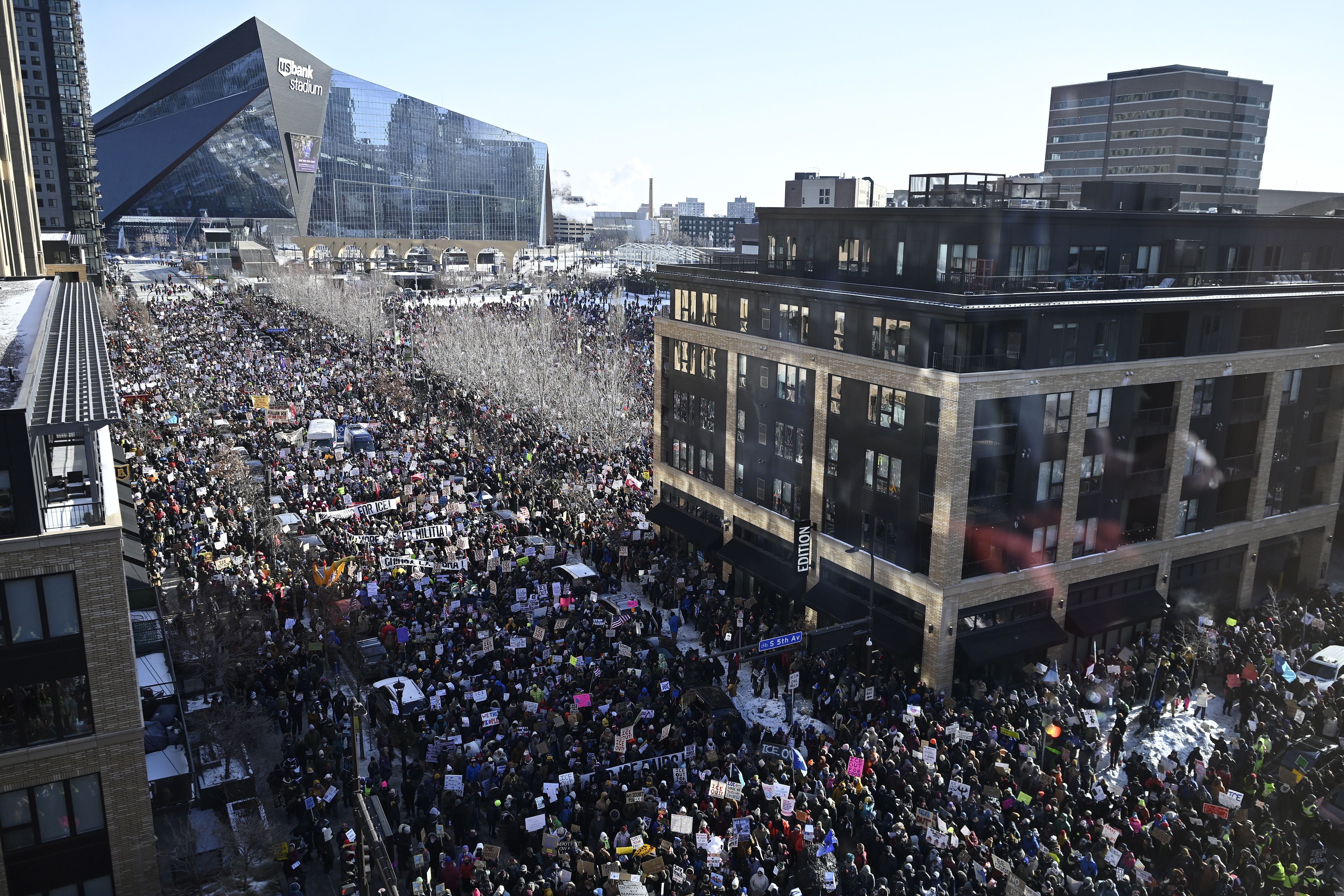  Demonstrators participate in a rally and march during an "ICE Out" day of protest on January 23, 2026 in Minneapolis, Minnesota. Community leaders, faith leaders and labor unions have urged Minnesotans to participate in what they are calling a "day of action" as hundreds of local businesses are exp