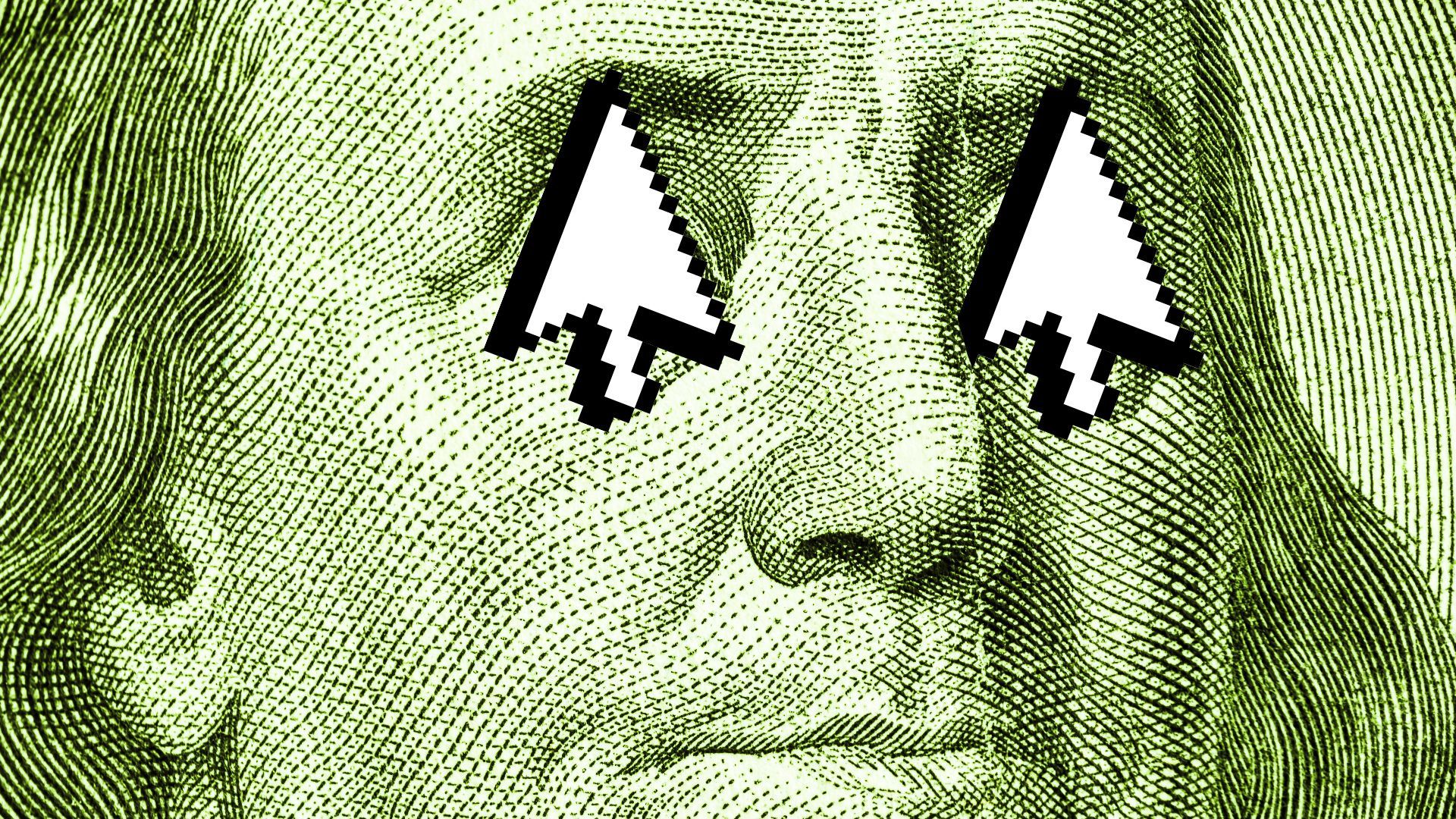 Illustration of a close up of Benjamin Franklin with upward pointing computer cursor arrows as eyes. 