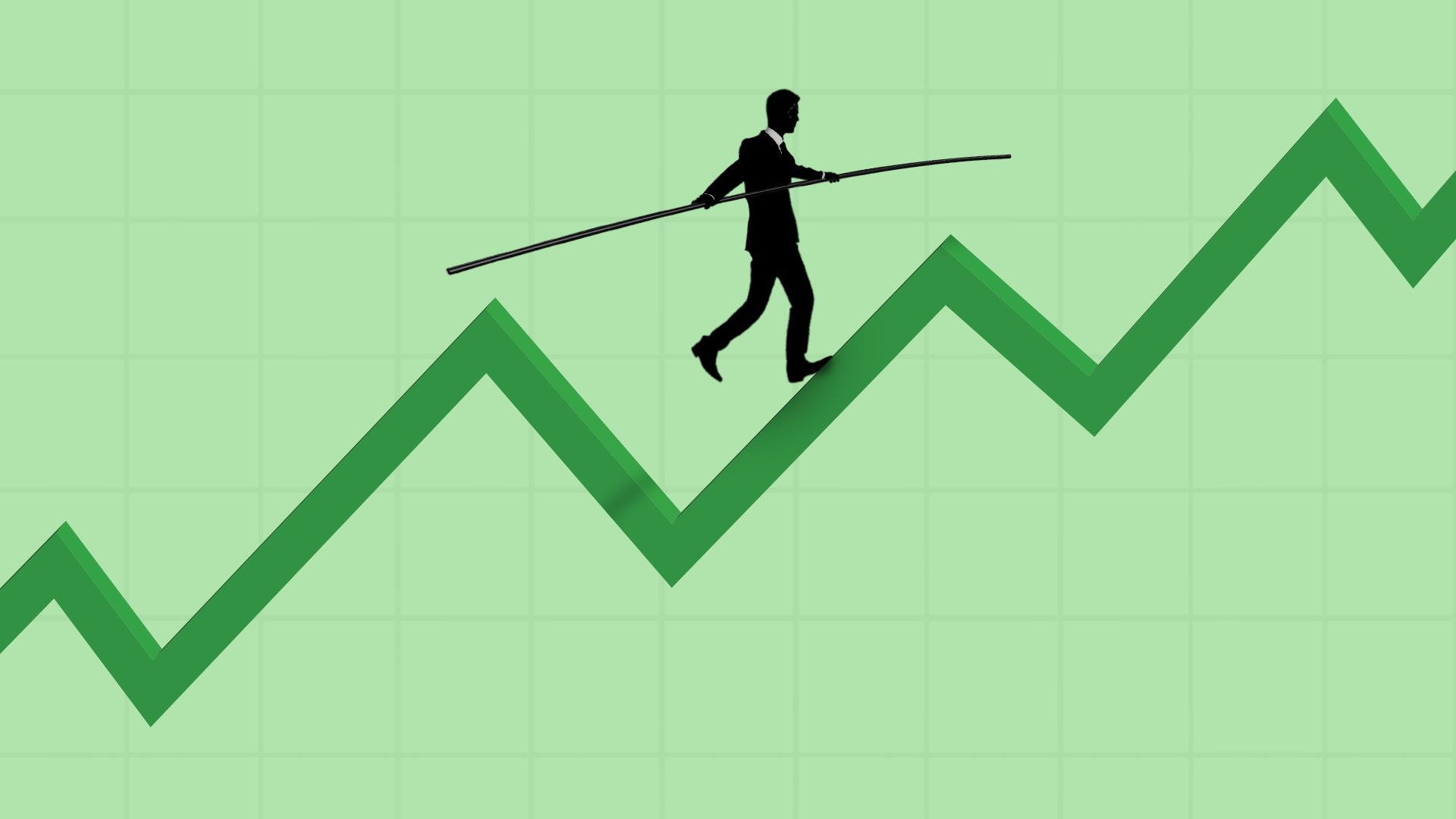 Illustration of a man tightrope walking on an upward trending line. 