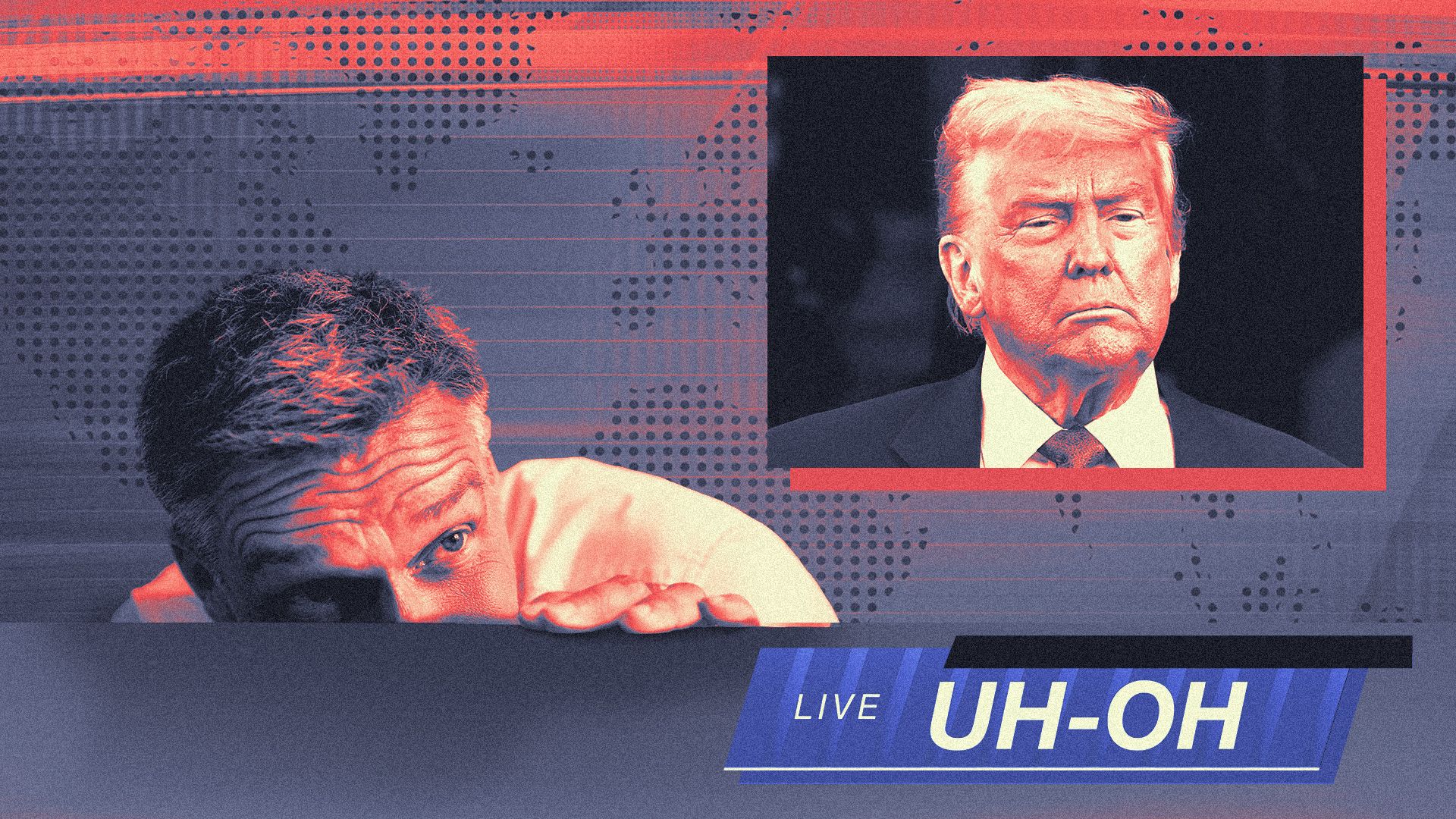 Photo illustration of a TV news anchor hiding behind his desk, and looking at an over-the-shoulder graphic of Donald Trump. A lower-third graphic reads LIVE: UH-OH.