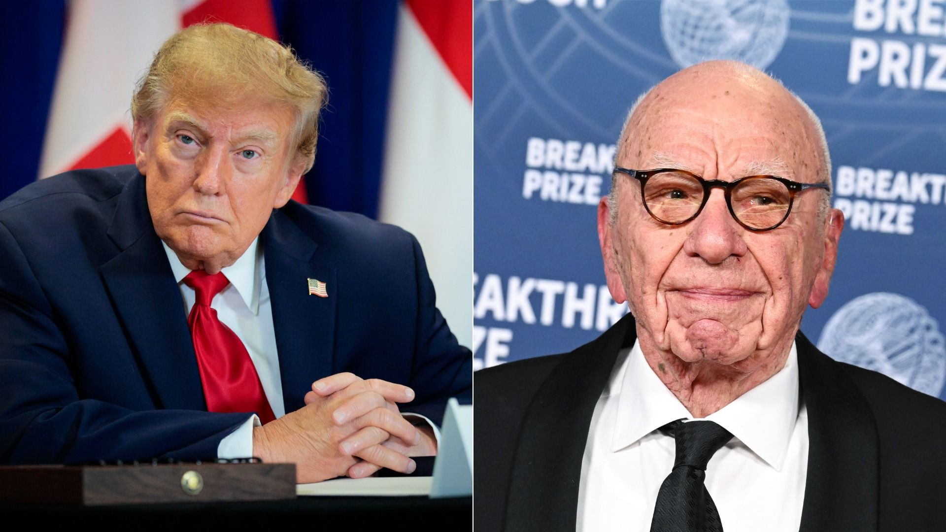 Split image of two men: left is Donald Trump in a dark suit and red tie; right is Rupert Murdoch with round glasses in front of a blue backdrop reading "Breakthrough Prize."