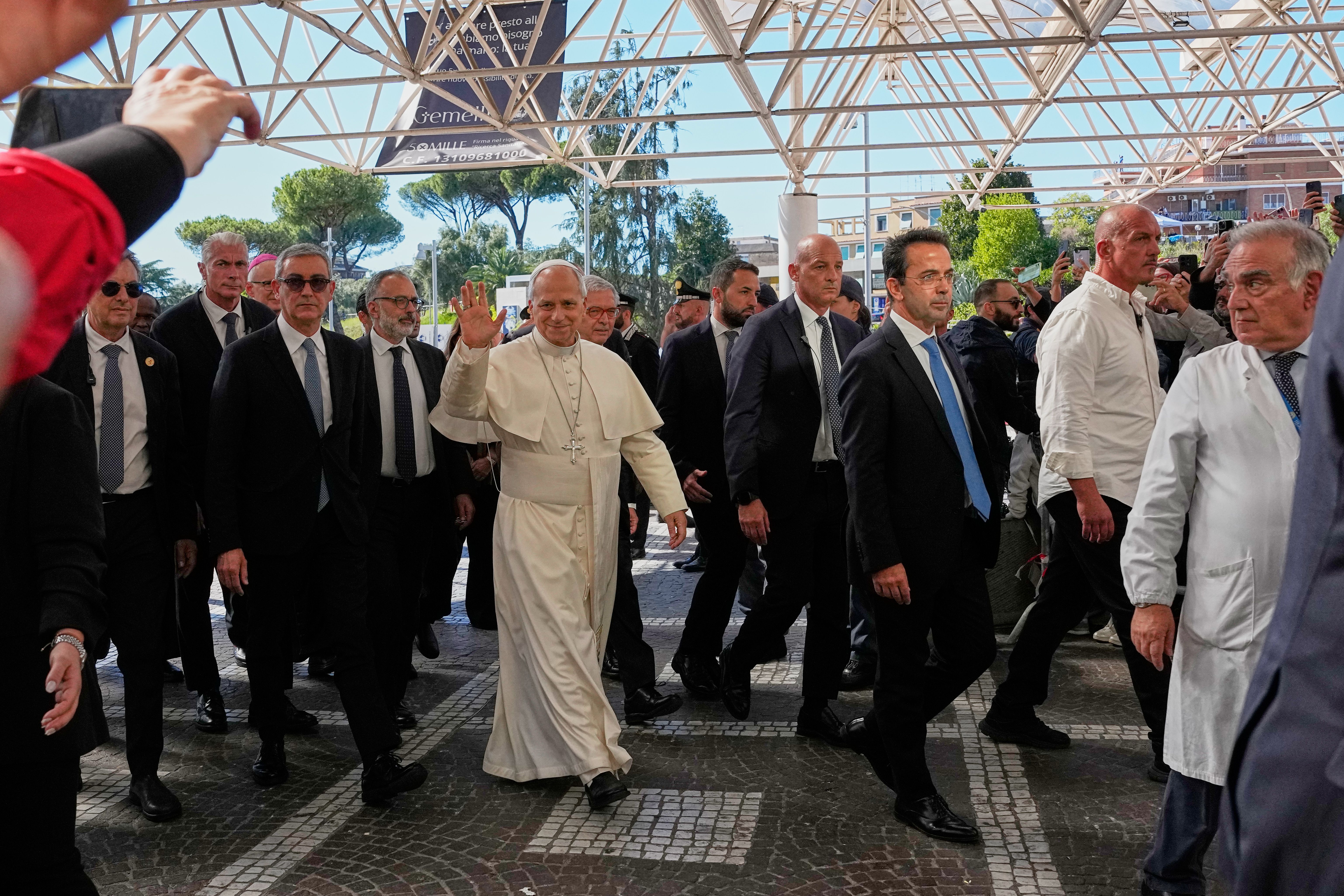 Pope Leo XIV arrives at the Agostino Gemelli Polyclinic in Rome, where he underwent an operation to remove a lung nodule.