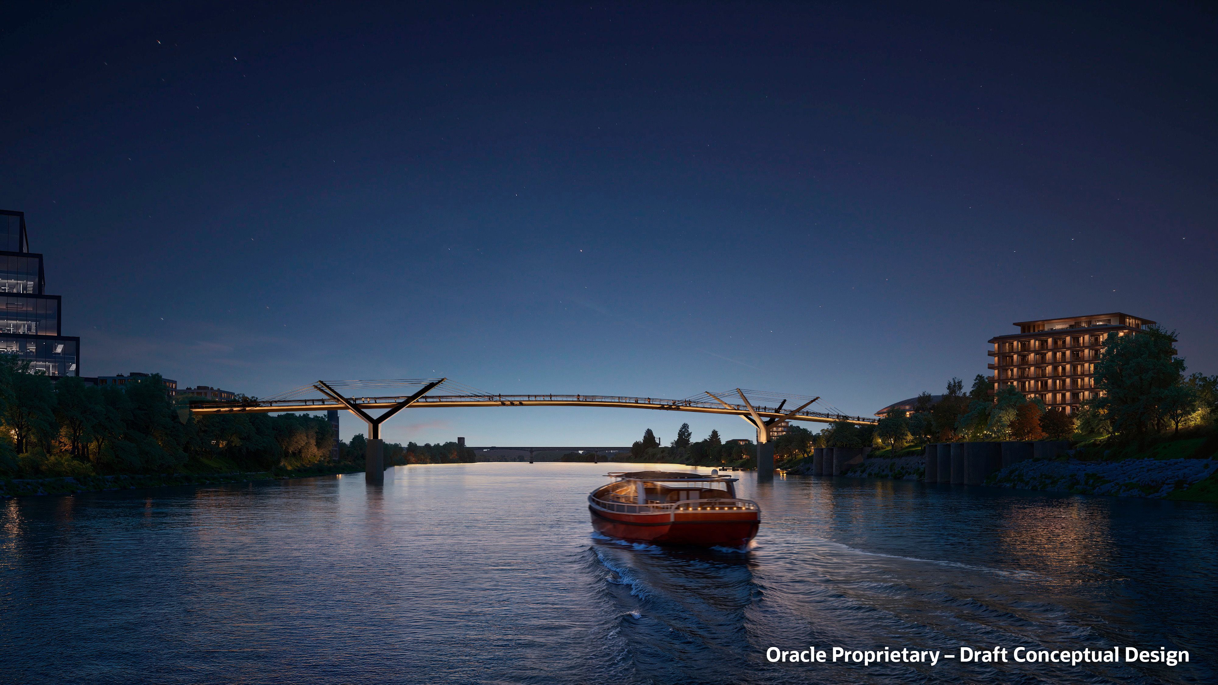 A rendering of Oracle's planned pedestrian bridge over the river downtown. 