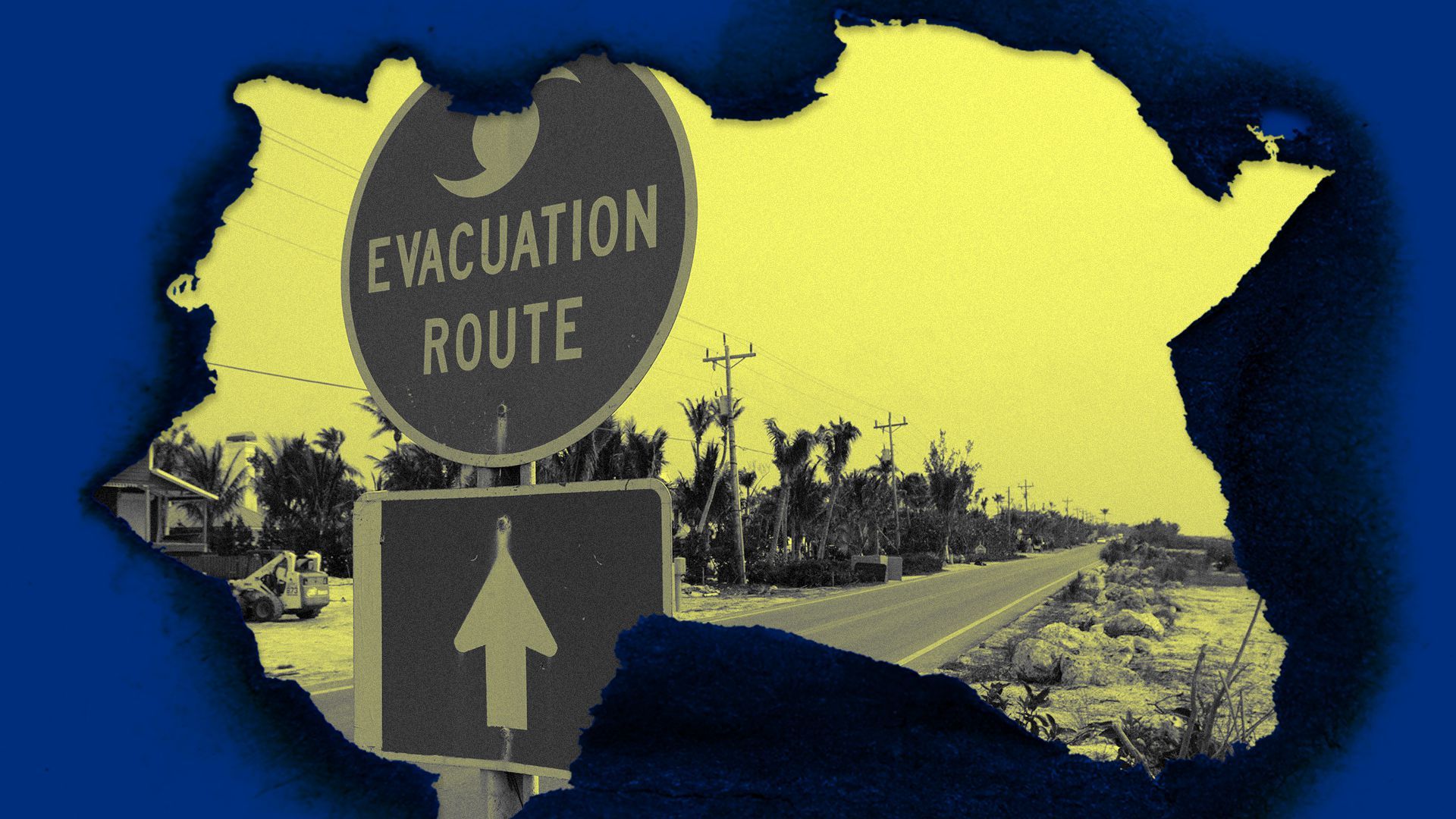 Illustration collage of burned paper framing an environmental scene with an evacuation route road sign