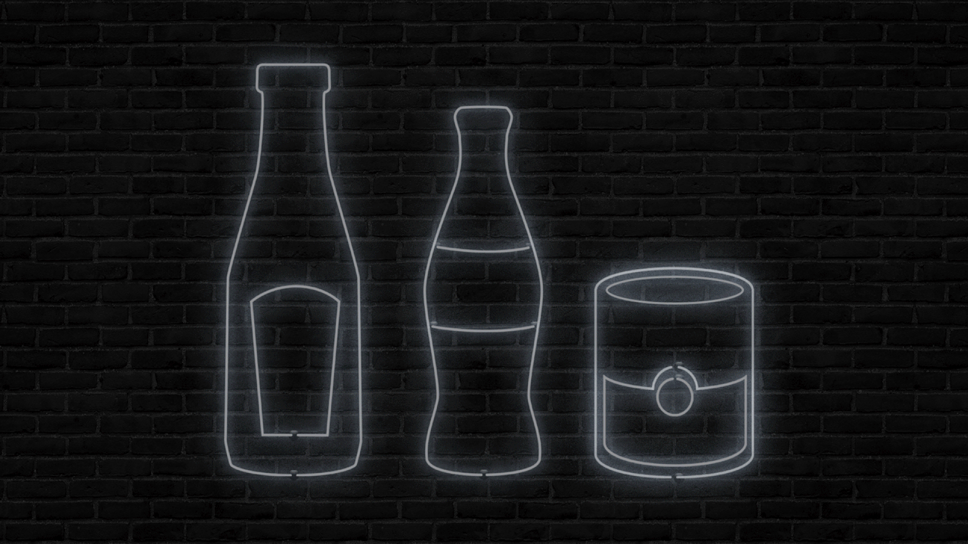 Animated illustration of a neon sign with a Heinz bottle, Coca-cola bottle, and Campbell's soup can turning generic.