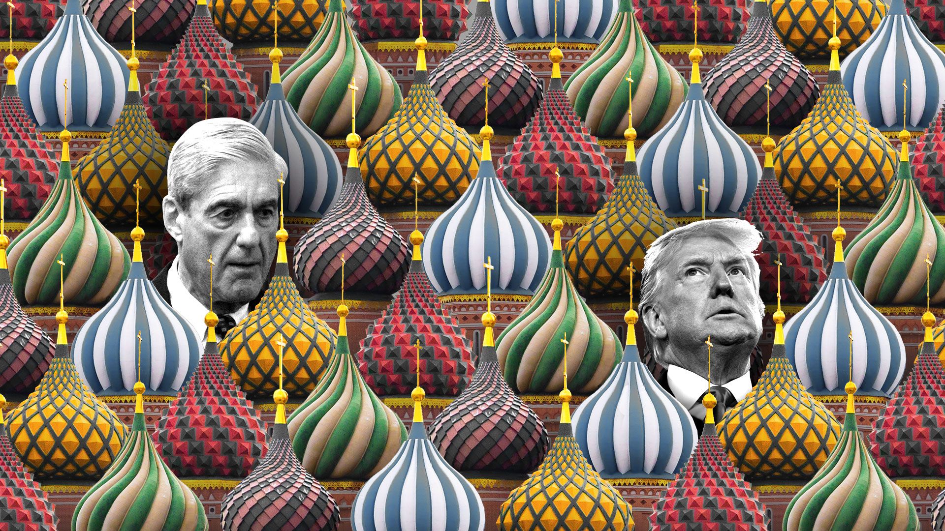 This is an illustration of Mueller, Trump and some Russian cathedral domes