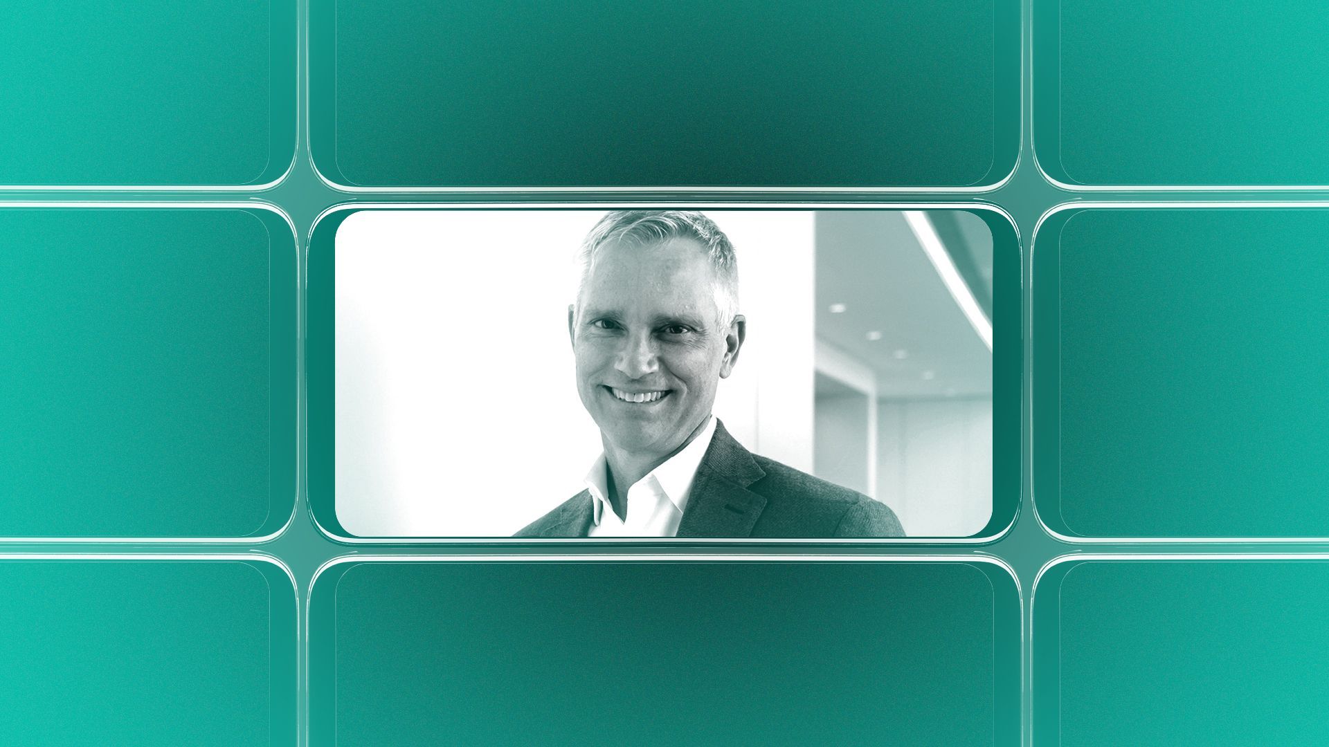 Photo illustration of a grid of smartphone screens, the center one showing an image of Robert Isom.