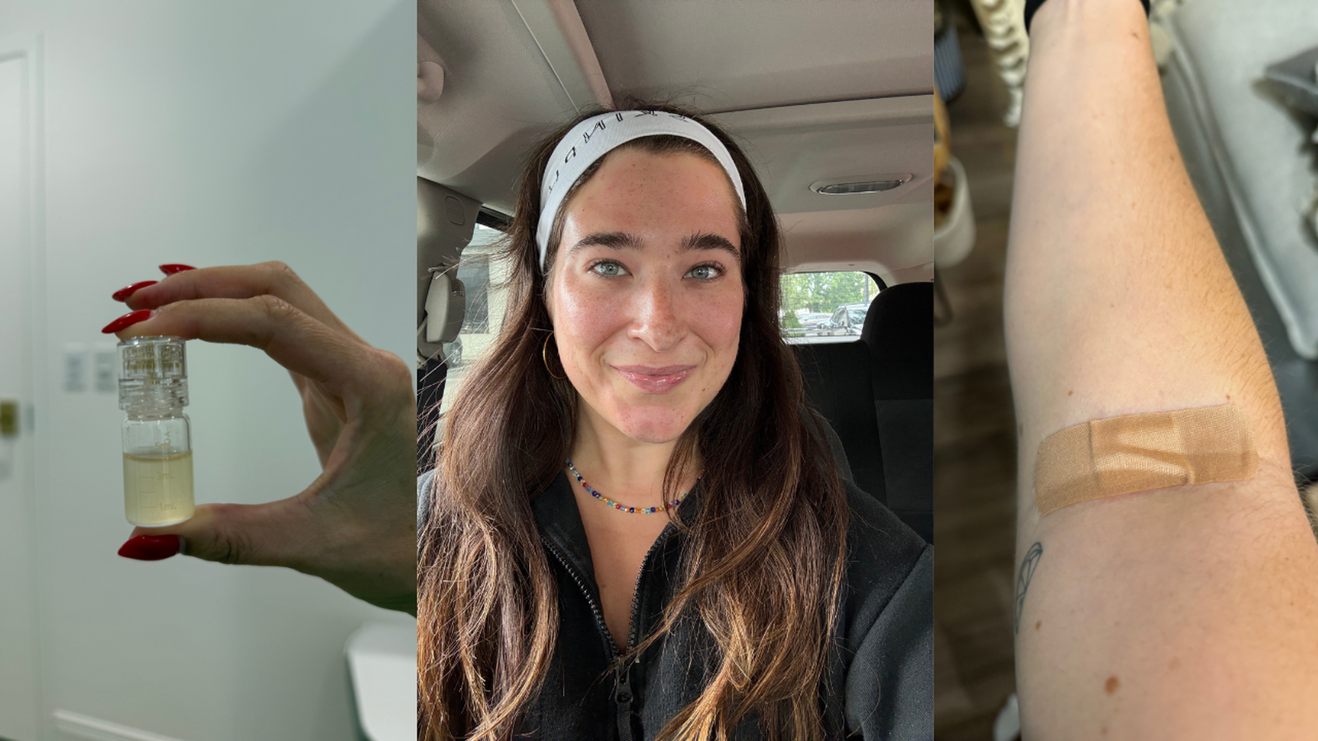Triptych: left shows a hand with red nails holding a small vial of clear liquid; center portrait of a smiling young woman wearing a white headband in a car; right a forearm with a beige bandage.