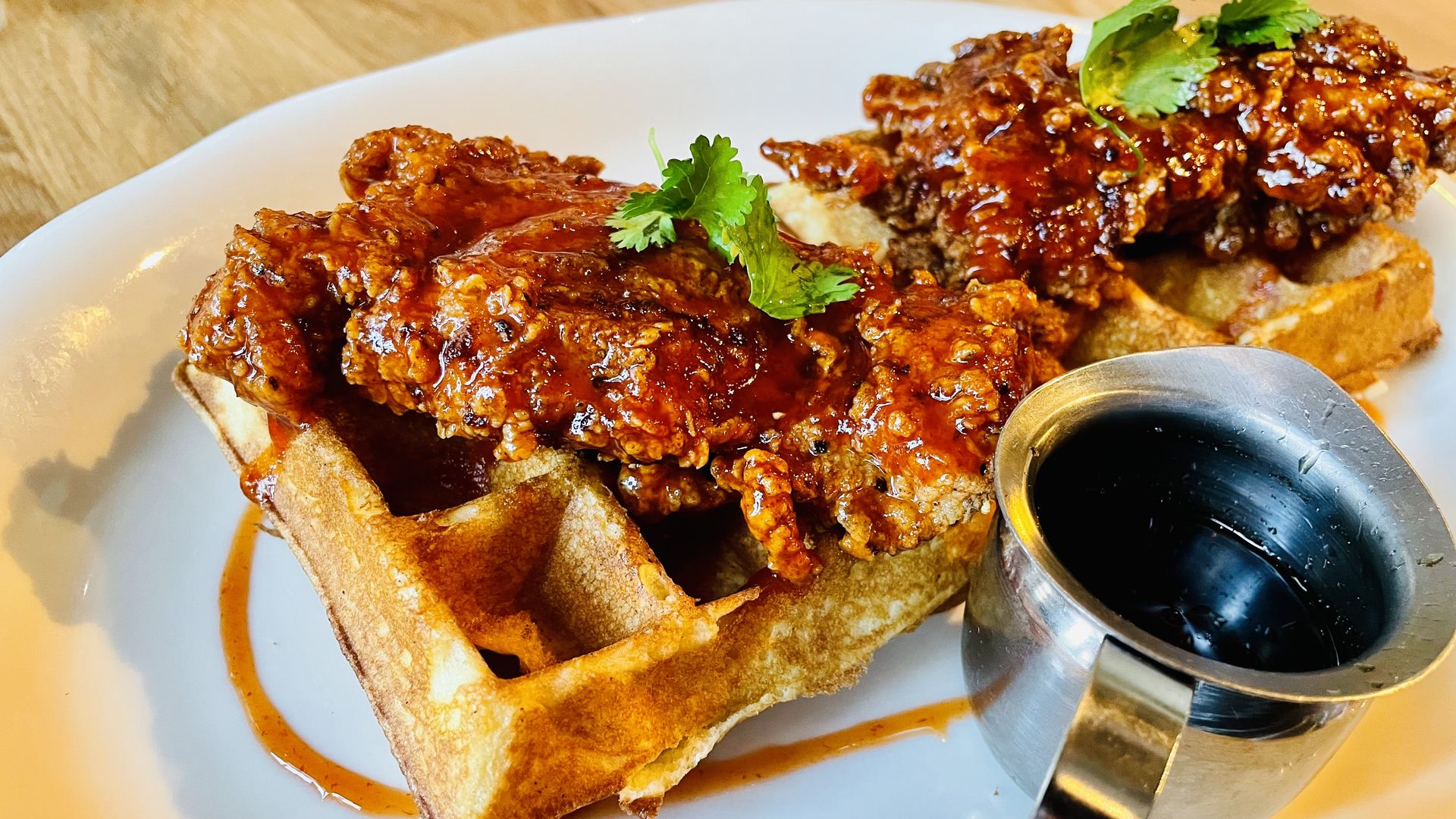 A photo of chicken and waffles.