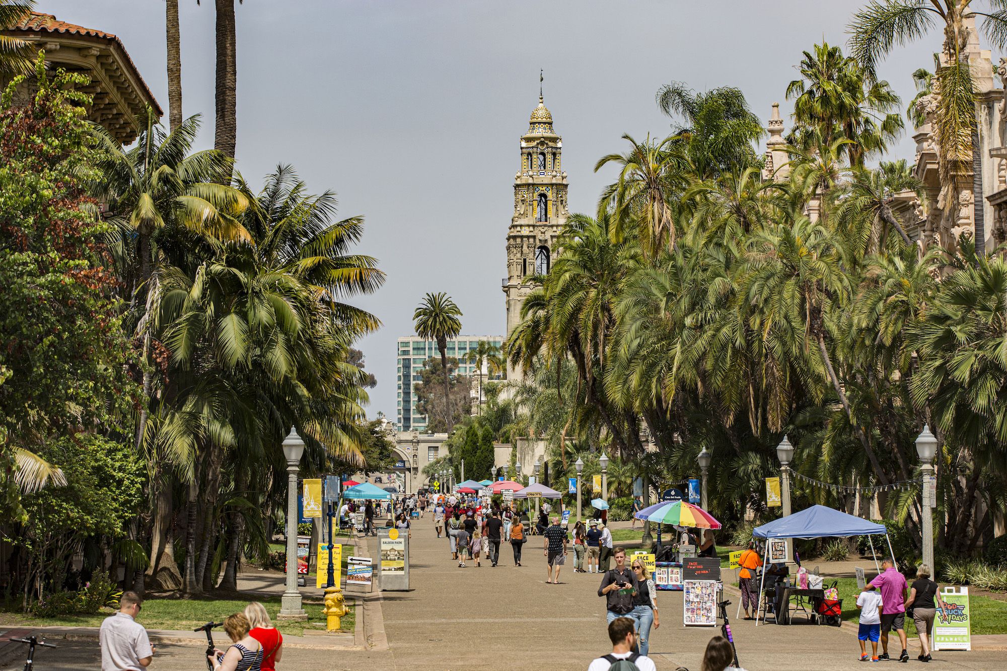 A view of people walking through Balboa Park. 