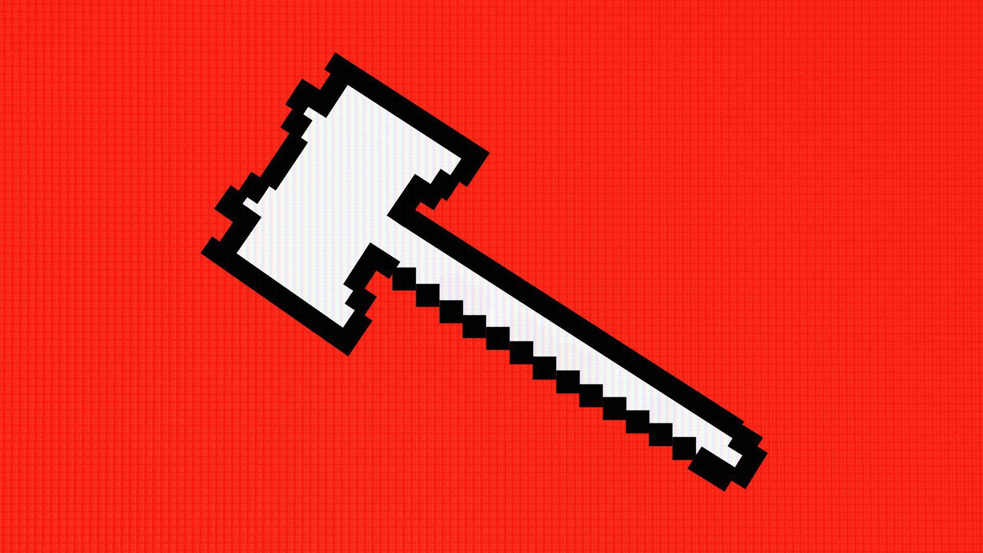An illustration of a pixelated gavel against a red background