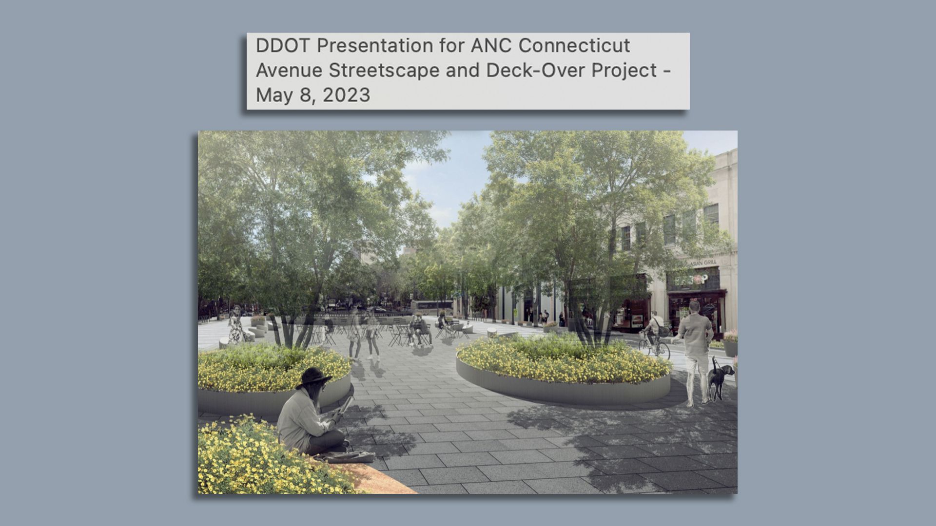 An image showing an architectural rendering of an outdoor plaza with trees.
