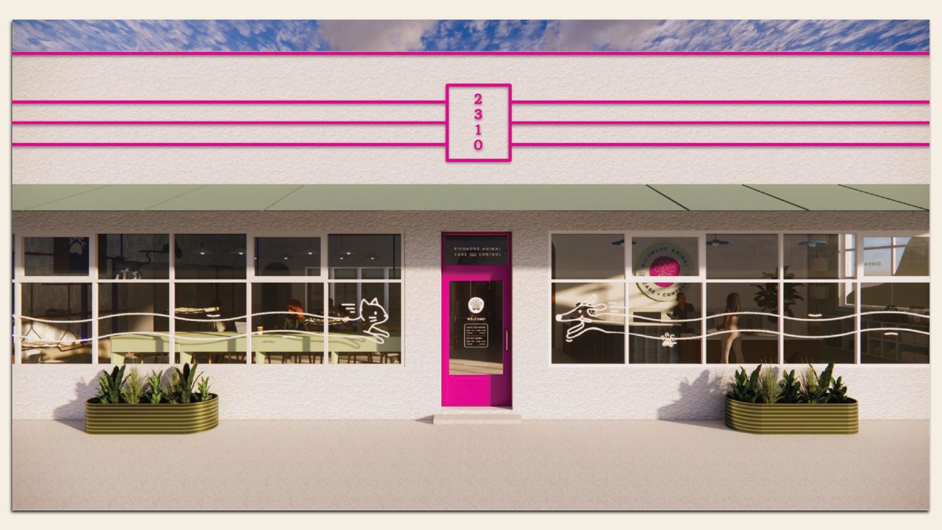Storefront with magenta door, pink trim and beige textured wall; a pink-framed sign shows the vertical digits 2 3 1 0. Large glass windows with white line art flank the entrance; blue sky above.