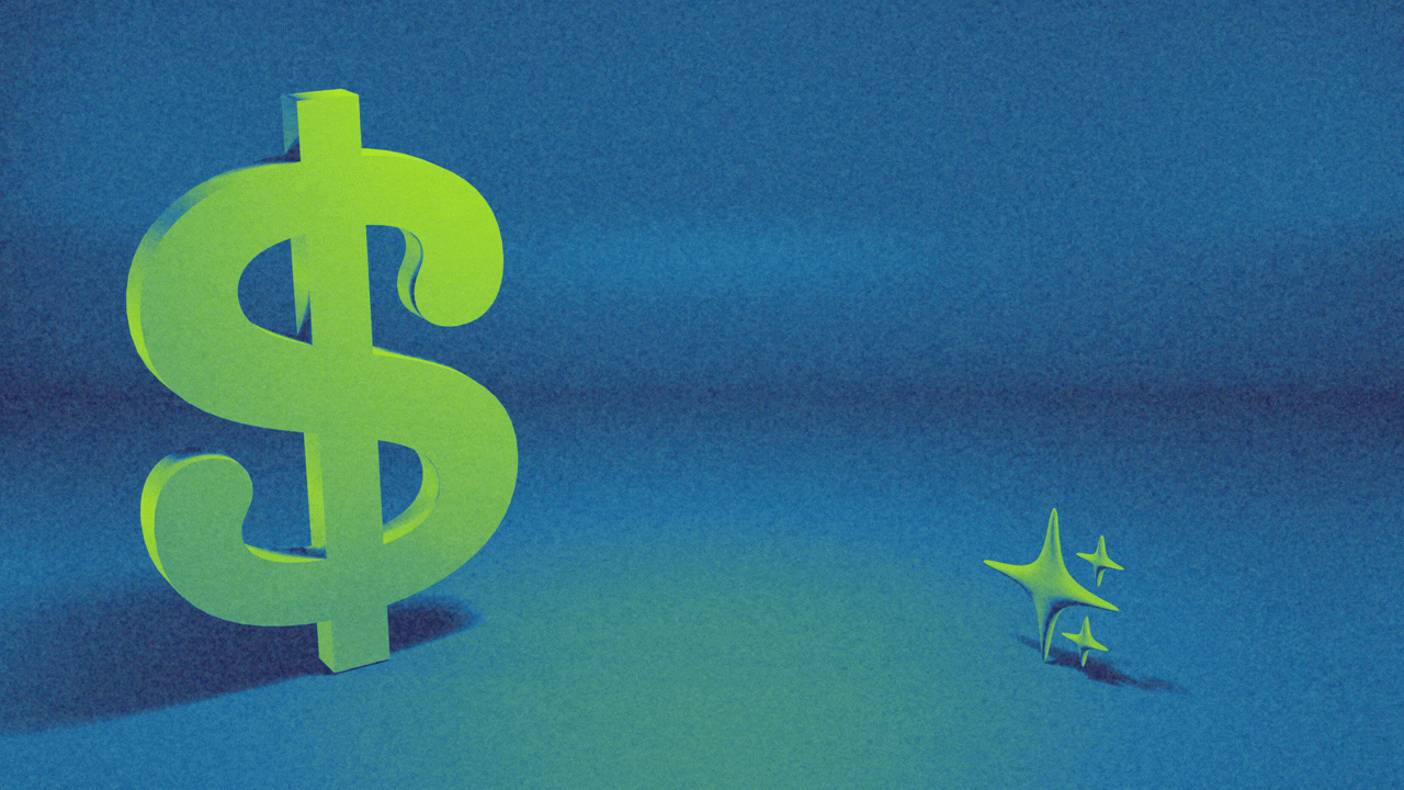 Animated illustration of a dollar sign and a sparkle. The dollar sign grows while the sparkle shrinks, and vice versa.