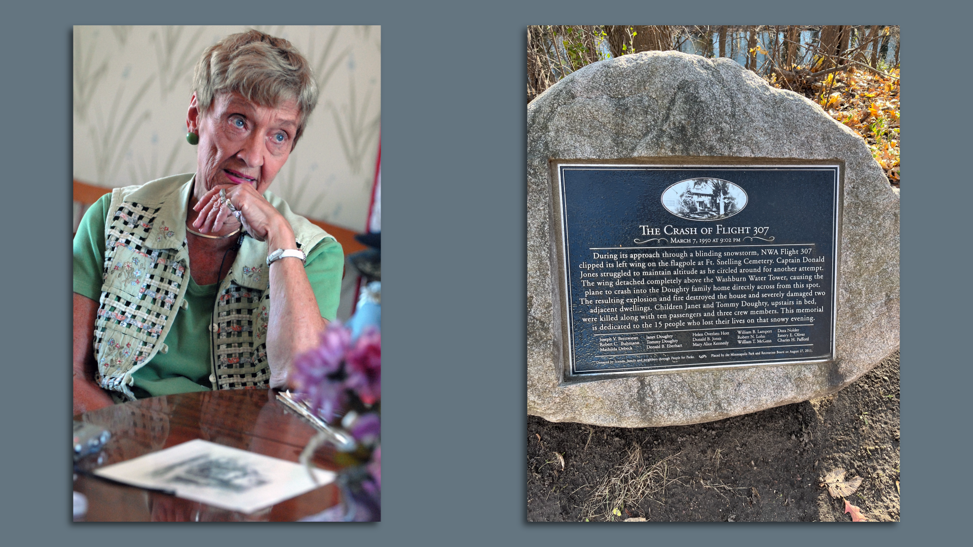 On the left a photo of Diane Doughty Madsen, on the right a photo of a memorial 