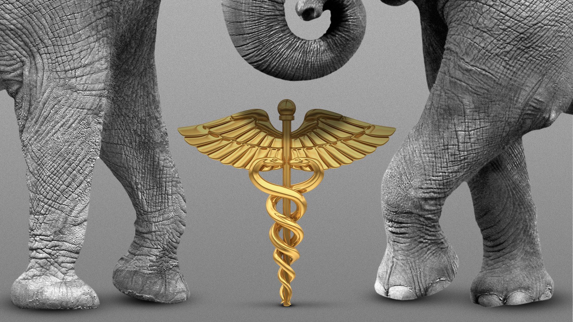 Illustration of two elephants facing a caduceus between them