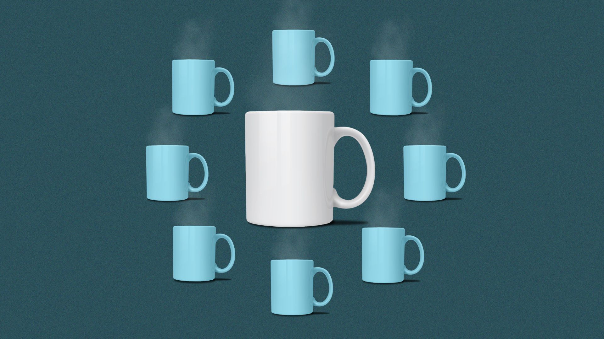 Illustration of a large coffee mug surrounded by a circle of smaller mugs.